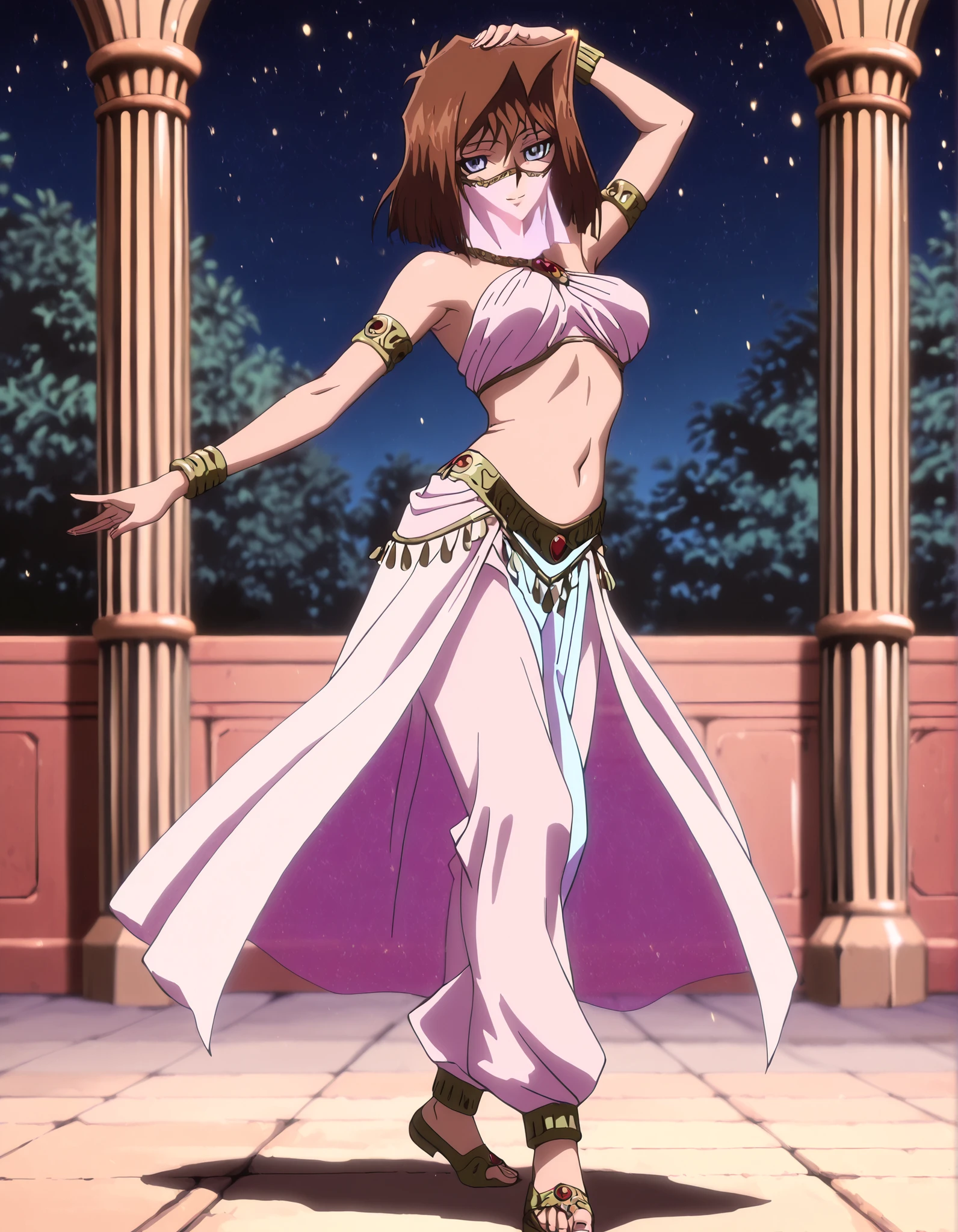 (1girl:1 . 5) , (Seul:1 . 5) , score_9 , score_8_haut , score_7_haut , source_anime , Official work , ultra-detailed , masterpiece , better quality , high resolution , beaux yeux , detailed eyes , Detailed face , beautiful detailed eyes, blue eyes, brown hair, short hair,Yu-Gi-Oh,Tea Gardner ,Arabian Clothes , Arabian Dancer ,belly dancer costume,belly dancer outfit ,full body,golden jewelery,mouth veil,armlet, belly dancing,night,arabian garden,seductive smile, dancing with veil, dynamic movement,dance posture, seductive pose