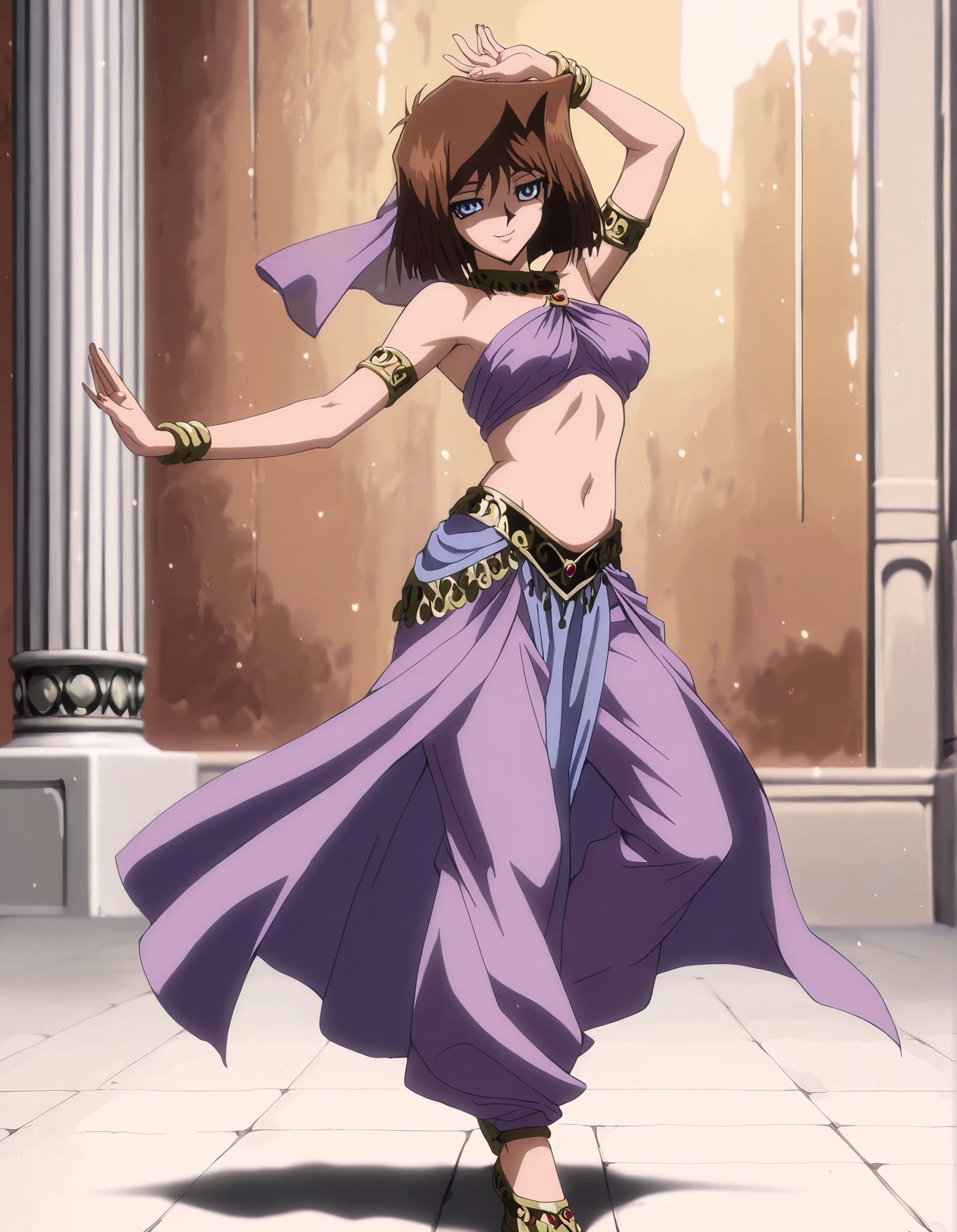 (1girl:1 . 5) , (Seul:1 . 5) , score_9 , score_8_haut , score_7_haut , source_anime , Official work , ultra-detailed , masterpiece , better quality , high resolution , beaux yeux , detailed eyes , Detailed face , beautiful detailed eyes, blue eyes, brown hair, short hair,Yu-Gi-Oh,Tea Gardner ,Arabian Clothes , Arabian Dancer ,belly dancer costume,belly dancer outfit ,full body,golden jewelery,armlet, belly dancing,arabian garden,seductive smile, dancing with veil, dynamic movement,dance posture, seductive pose
