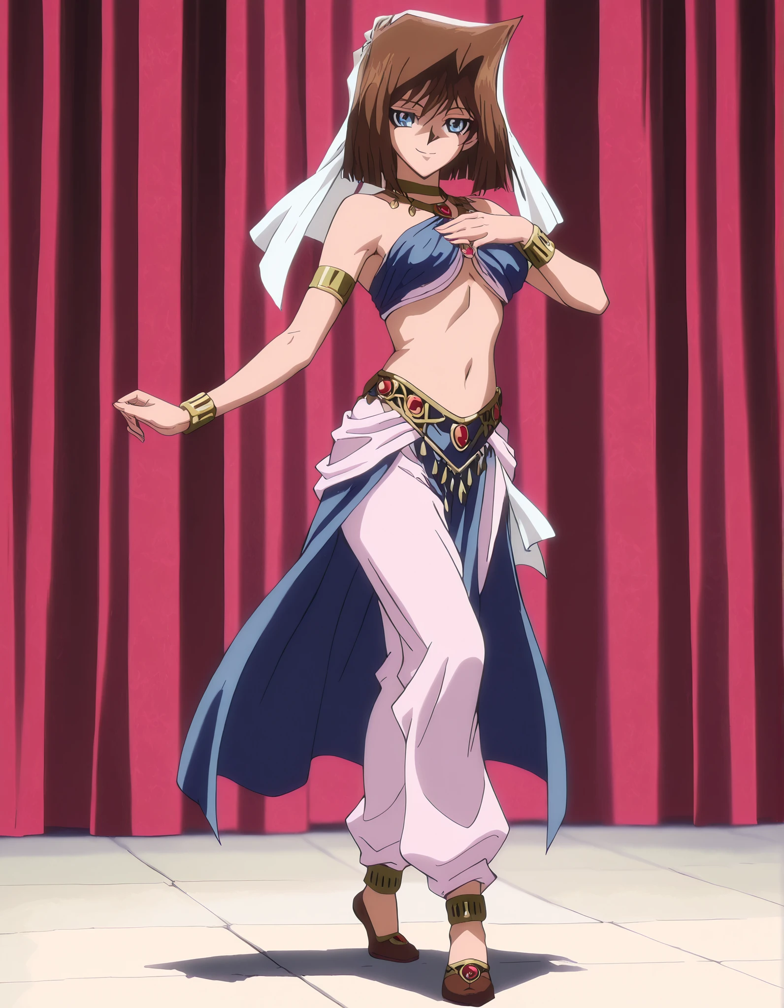 (1girl:1 . 5) , (Seul:1 . 5) , score_9 , score_8_haut , score_7_haut , source_anime , Official work , ultra-detailed , masterpiece , better quality , high resolution , beaux yeux , detailed eyes , Detailed face , beautiful detailed eyes, blue eyes, brown hair, short hair,Yu-Gi-Oh,Tea Gardner ,Arabian Clothes , Arabian Dancer ,belly dancer costume,belly dancer outfit ,full body,golden jewelery,armlet, belly dancing,arabian garden,seductive smile, dancing with veil, dynamic movement,dance posture, seductive pose