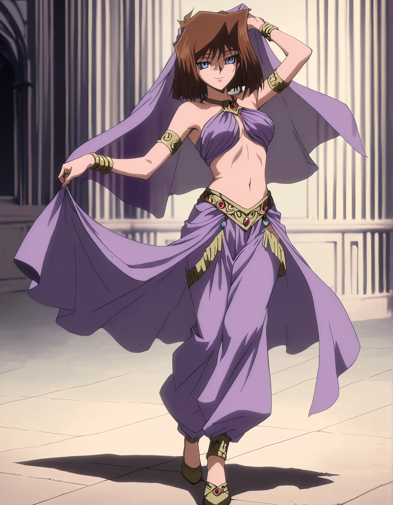 (1girl:1 . 5) , (Seul:1 . 5) , score_9 , score_8_haut , score_7_haut , source_anime , Official work , ultra-detailed , masterpiece , better quality , high resolution , beaux yeux , detailed eyes , Detailed face , beautiful detailed eyes, blue eyes, brown hair, short hair,Yu-Gi-Oh,Tea Gardner ,Arabian Clothes , Arabian Dancer ,belly dancer costume,belly dancer outfit ,full body,golden jewelery,armlet, belly dancing,arabian garden,seductive smile, dancing with veil, dynamic movement,dance posture, seductive pose