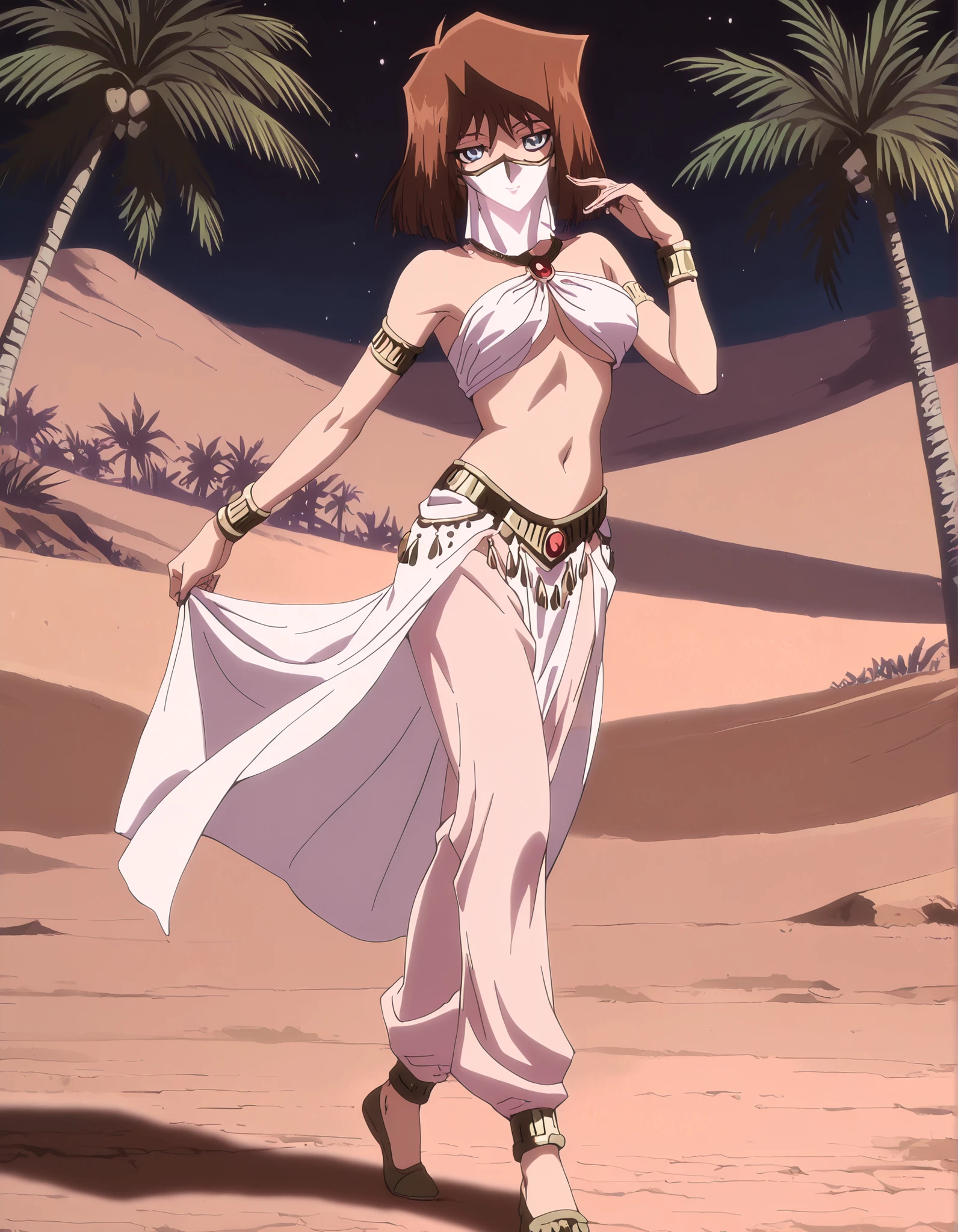 (1girl:1 . 5) , (Seul:1 . 5) , score_9 , score_8_haut , score_7_haut , source_anime , Official work , ultra-detailed , masterpiece , better quality , high resolution , beaux yeux , detailed eyes , Detailed face , beautiful detailed eyes, blue eyes, brown hair, short hair,Yu-Gi-Oh,Tea Gardner ,Arabian Clothes , Arabian Dancer ,belly dancer costume,belly dancer outfit ,full body,golden jewelery,mouth veil,armlet, belly dancing,night,desert lands,palm tree,seductive smile, dancing with veil, dynamic movement,dance posture, seductive pose