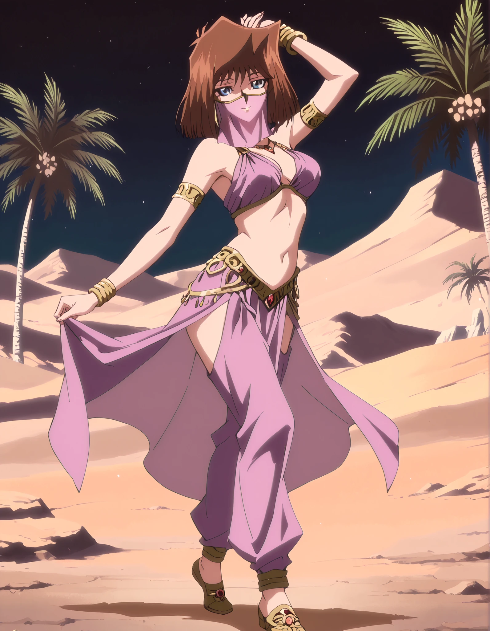 (1girl:1 . 5) , (Seul:1 . 5) , score_9 , score_8_haut , score_7_haut , source_anime , Official work , ultra-detailed , masterpiece , better quality , high resolution , beaux yeux , detailed eyes , Detailed face , beautiful detailed eyes, blue eyes, brown hair, short hair,Yu-Gi-Oh,Tea Gardner ,Arabian Clothes , Arabian Dancer ,belly dancer costume,belly dancer outfit ,full body,golden jewelery,mouth veil,armlet, belly dancing,night,desert lands,palm tree,seductive smile, dancing with veil, dynamic movement,dance posture, seductive pose
