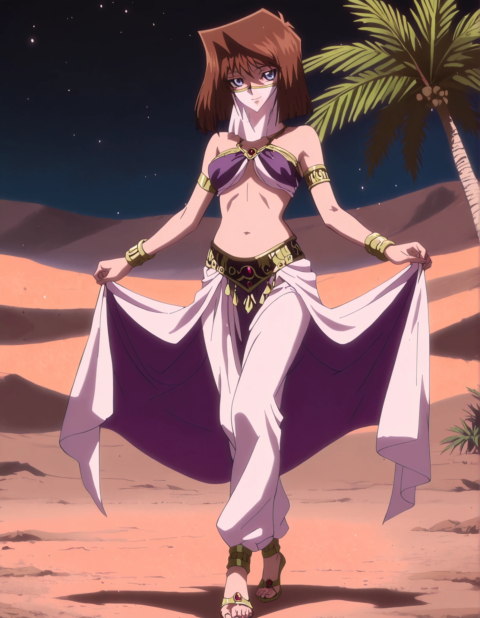 (1girl:1 . 5) , (Seul:1 . 5) , score_9 , score_8_haut , score_7_haut , source_anime , Official work , ultra-detailed , masterpiece , better quality , high resolution , beaux yeux , detailed eyes , Detailed face , beautiful detailed eyes, blue eyes, brown hair, short hair,Yu-Gi-Oh,Tea Gardner ,Arabian Clothes , Arabian Dancer ,belly dancer costume,belly dancer outfit ,full body,golden jewelery,mouth veil,armlet, belly dancing,night,desert lands,palm tree,seductive smile, dancing with veil, dynamic movement,dance posture, seductive pose