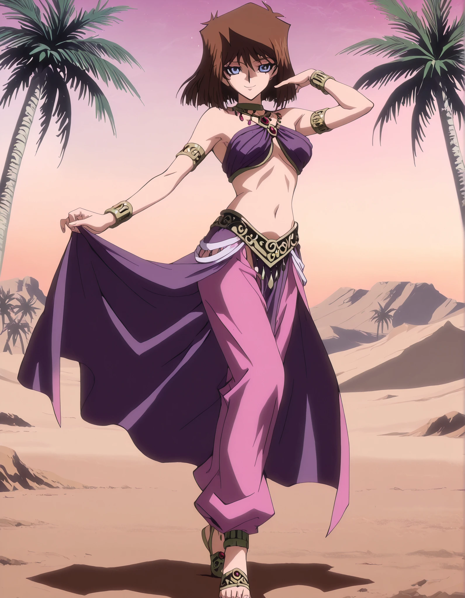 (1girl:1 . 5) , (Seul:1 . 5) , score_9 , score_8_haut , score_7_haut , source_anime , Official work , ultra-detailed , masterpiece , better quality , high resolution , beaux yeux , detailed eyes , Detailed face , beautiful detailed eyes, blue eyes, brown hair, short hair,Yu-Gi-Oh,Tea Gardner ,Arabian Clothes , Arabian Dancer ,belly dancer costume,belly dancer outfit ,full body,golden jewelery,armlet,belly dancing,desert lands,palm tree,seductive smile, dancing with veil, dynamic movement,dance posture, seductive pose