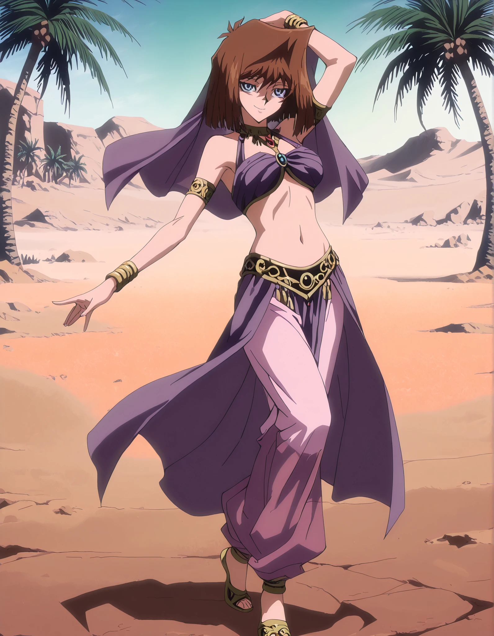 (1girl:1 . 5) , (Seul:1 . 5) , score_9 , score_8_haut , score_7_haut , source_anime , Official work , ultra-detailed , masterpiece , better quality , high resolution , beaux yeux , detailed eyes , Detailed face , beautiful detailed eyes, blue eyes, brown hair, short hair,Yu-Gi-Oh,Tea Gardner ,Arabian Clothes , Arabian Dancer ,belly dancer costume,belly dancer outfit ,full body,golden jewelery,armlet,belly dancing,desert lands,palm tree,seductive smile, dancing with veil, dynamic movement,dance posture, seductive pose