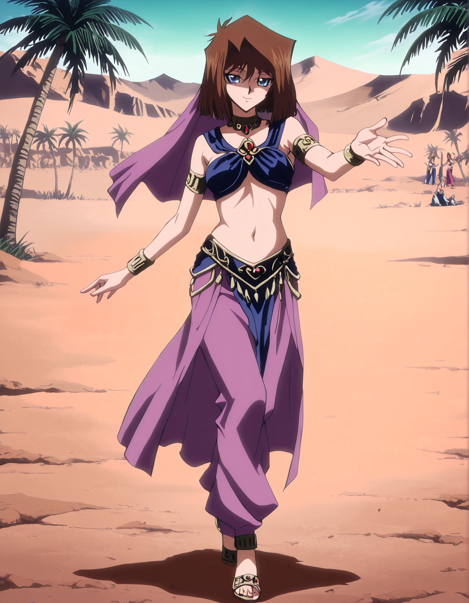 (1girl:1 . 5) , (Seul:1 . 5) , score_9 , score_8_haut , score_7_haut , source_anime , Official work , ultra-detailed , masterpiece , better quality , high resolution , beaux yeux , detailed eyes , Detailed face , beautiful detailed eyes, blue eyes, brown hair, short hair,Yu-Gi-Oh,Tea Gardner ,Arabian Clothes , Arabian Dancer ,belly dancer costume,belly dancer outfit ,full body,golden jewelery,armlet,belly dancing,desert lands,palm tree,seductive smile, dancing with veil, dynamic movement,dance posture, seductive pose
