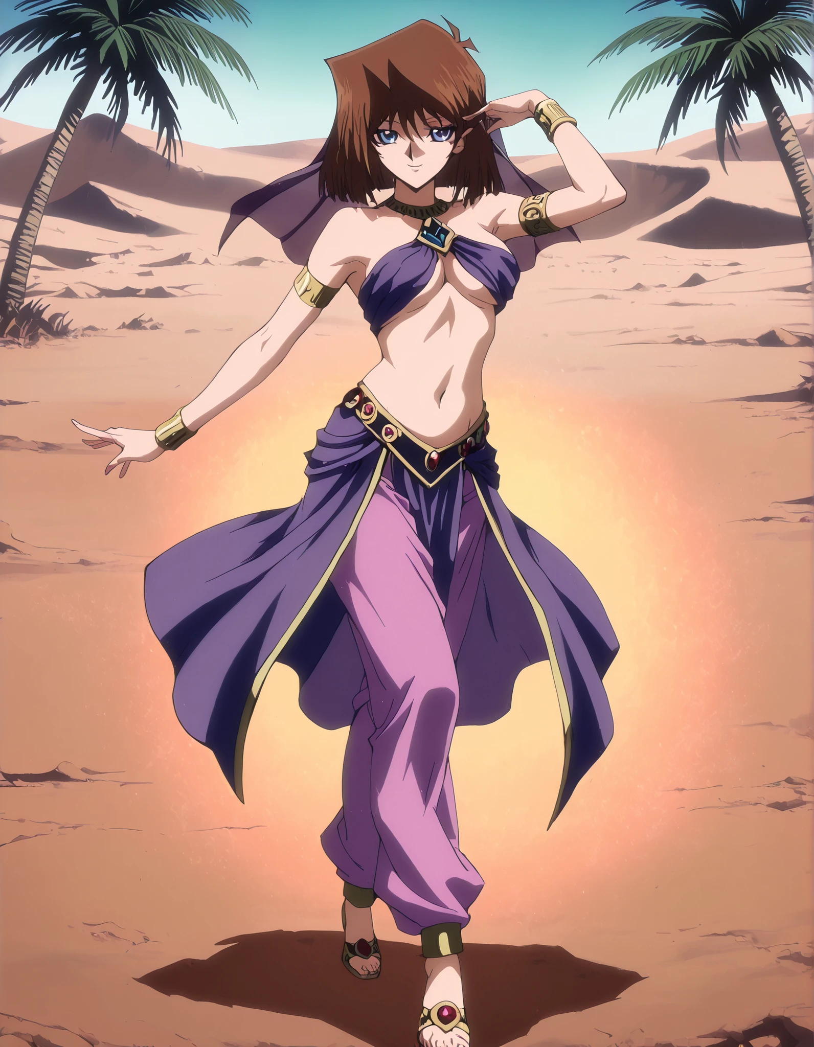 (1girl:1 . 5) , (Seul:1 . 5) , score_9 , score_8_haut , score_7_haut , source_anime , Official work , ultra-detailed , masterpiece , better quality , high resolution , beaux yeux , detailed eyes , Detailed face , beautiful detailed eyes, blue eyes, brown hair, short hair,Yu-Gi-Oh,Tea Gardner ,Arabian Clothes , Arabian Dancer ,belly dancer costume,belly dancer outfit ,full body,golden jewelery,armlet,belly dancing,desert lands,palm tree,seductive smile, dancing with veil, dynamic movement,dance posture, seductive pose