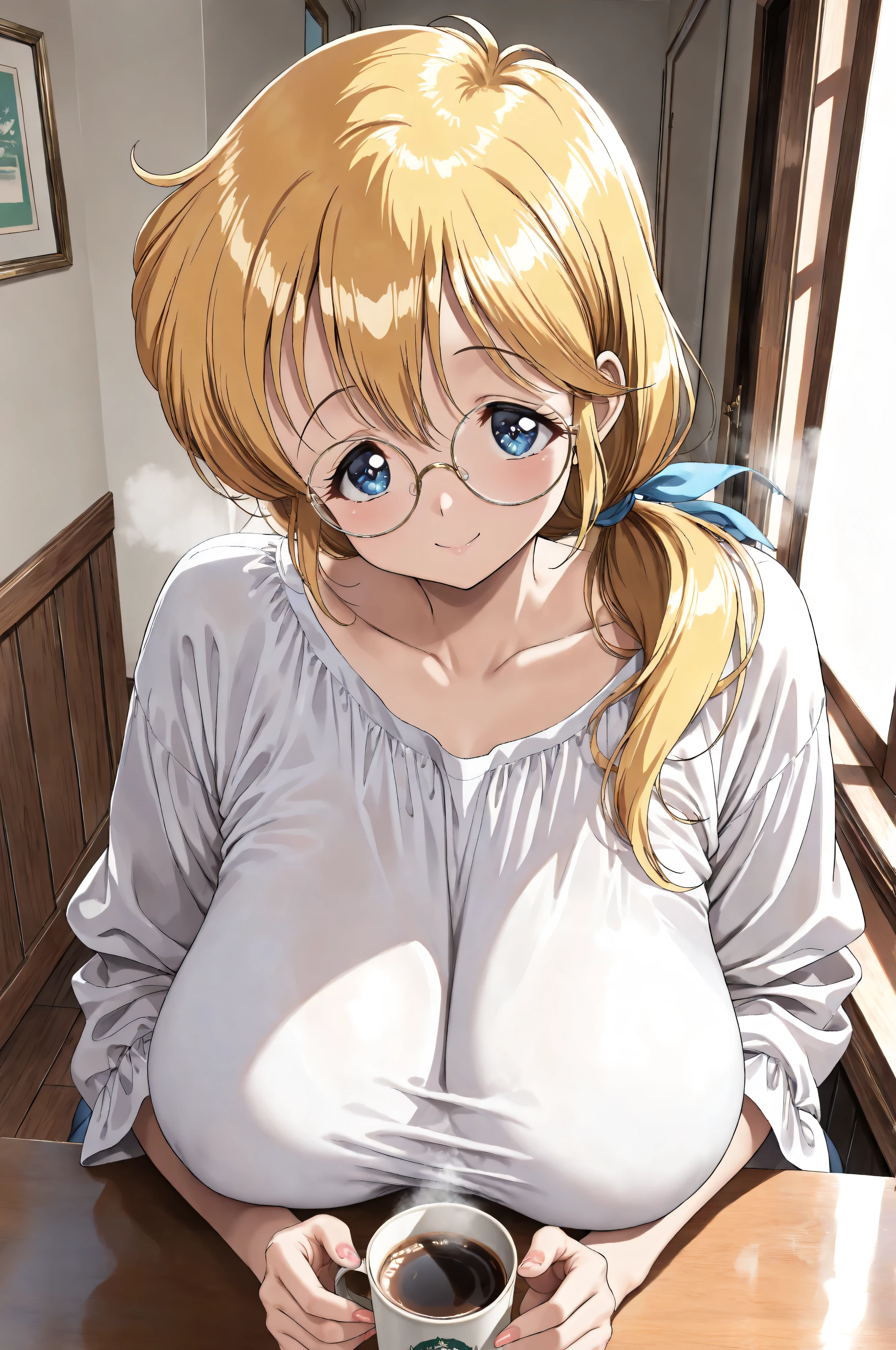 (masterpiece, best quality:1.4), beautiful shadows, Sensei Luna, runa, (beautiful detailed blue eyes:1.2), yellow hair, long hair tied in a low ponytail, very round metal frame glasses, smile, very large sagging breasts, beige, soft flowing shirt, three-quarter sleeves, slightly elegant, sitting at a table, holding a coffee cup with both hands in front, fingers fully around cup, hands centered on cup, not touching body, 5 fingers on each hand, anatomically correct hands, natural finger positions, well-defined fingernails, detailed nails, steam rising from coffee cup, slightly tilting head, slightly angled 3/4 view, bust shot, view from above table, at home dining room, no other people in background