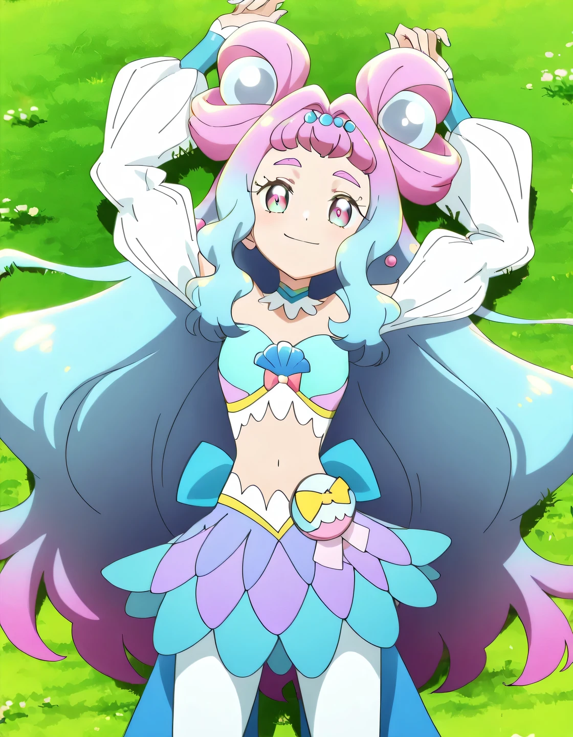 curelamer, lamercostume, anime screencap, high quality, solo, lying, on back, on grass, arms up, (), overhead view, cowboy shot, closed mouth, looking at viewer, smile, best quality