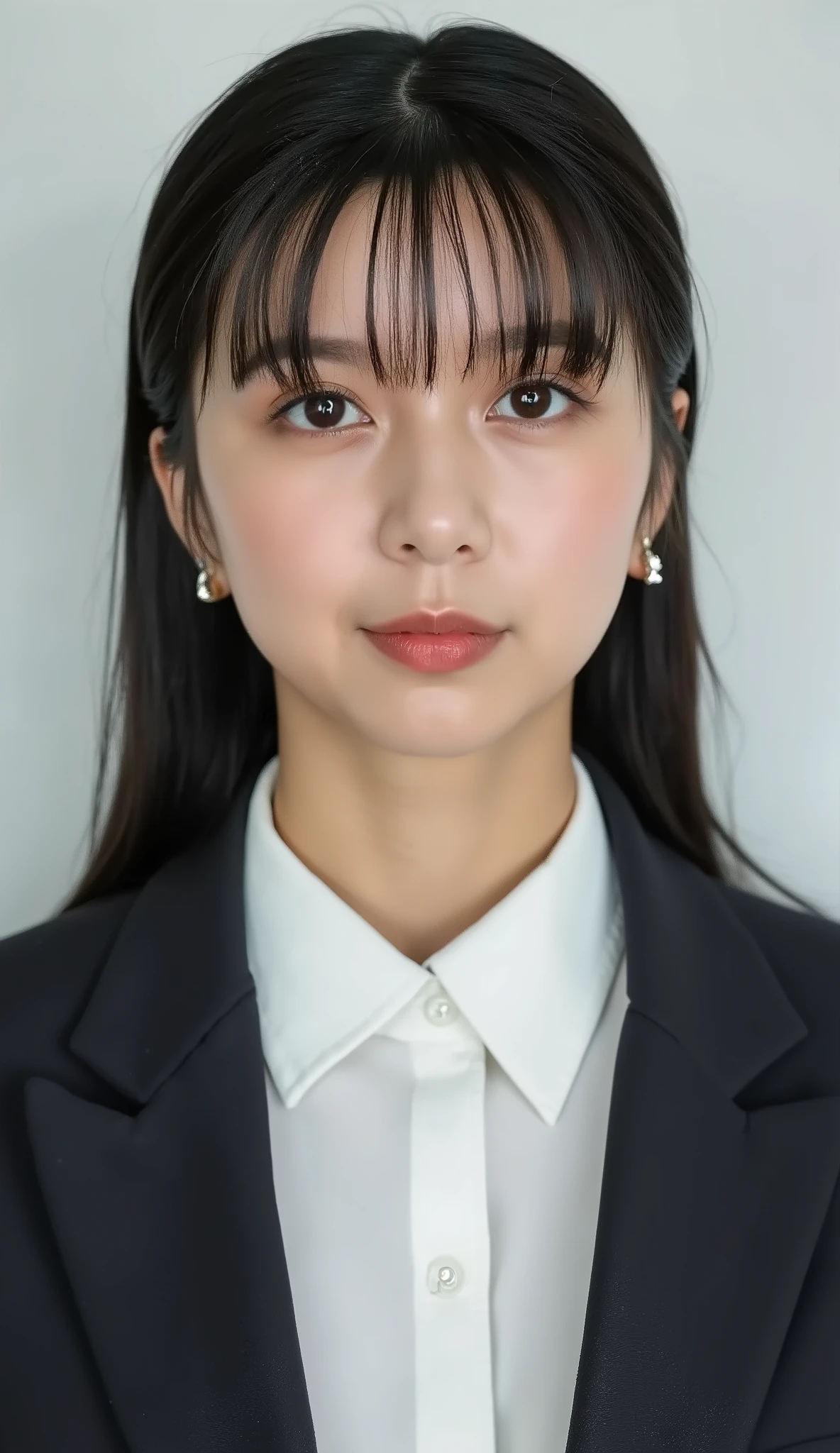 Neat Young Woman、looking at the camera、office lady suit、jacket、shirt、耳にピアス、、濃いアイメイク、、無表情、、face close-up、The background is office