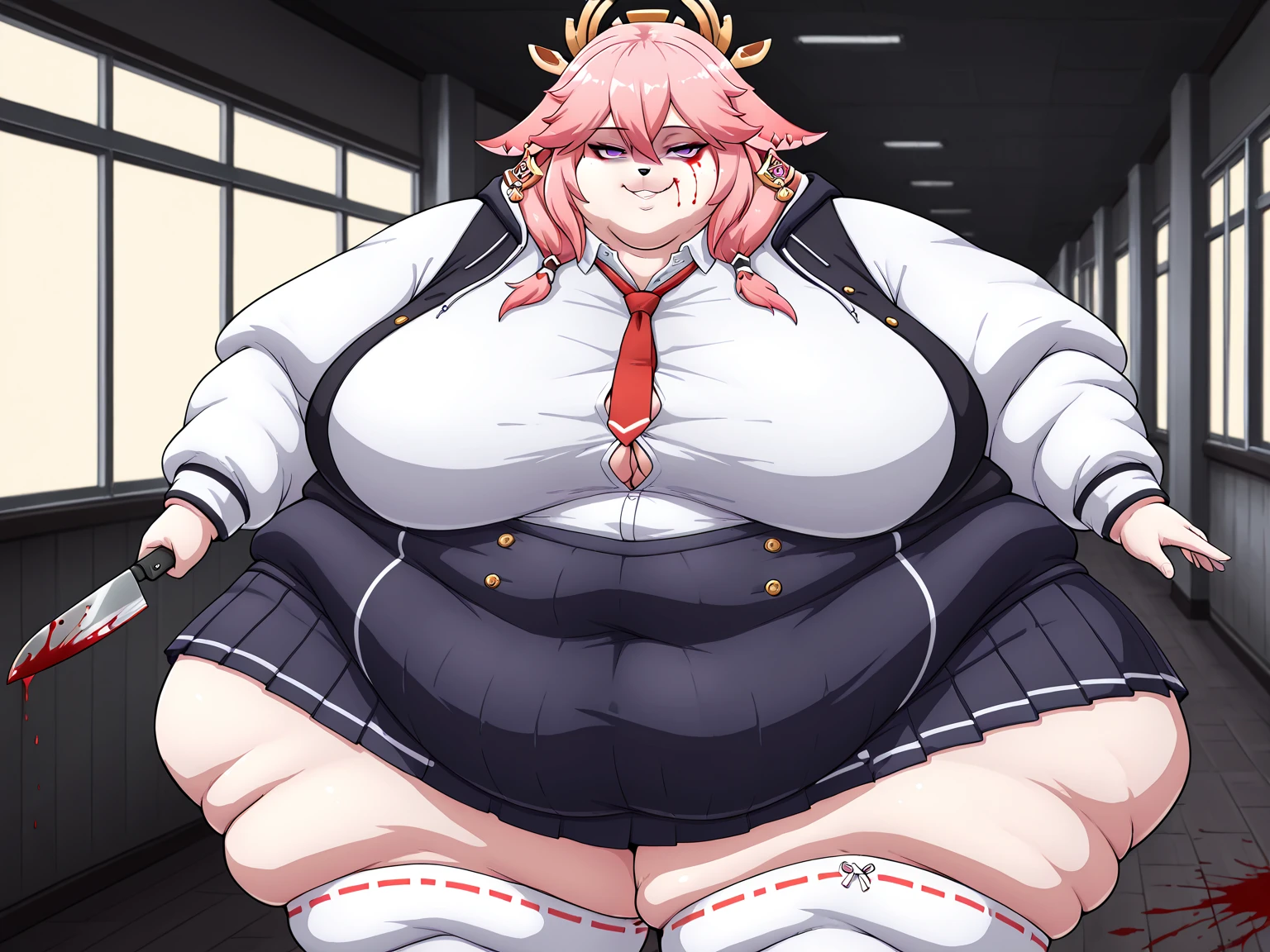 1girl, top heavy figure, (((incredibly big ))), ((saggy )), plump, incredibly plump, ((big belly)), (((big ))), pout, embarassed, wide, (((obese))), (((fat))), ((love handles)), double chin, out of shape, obese, fatty, shortstack, short woman, big bossom, ((milf)), small height, mature, standing, full body, bbw, ssbbw, mori calliope, pink eyes, pink hair, long hair, black , black choker, pantyhose, high heels