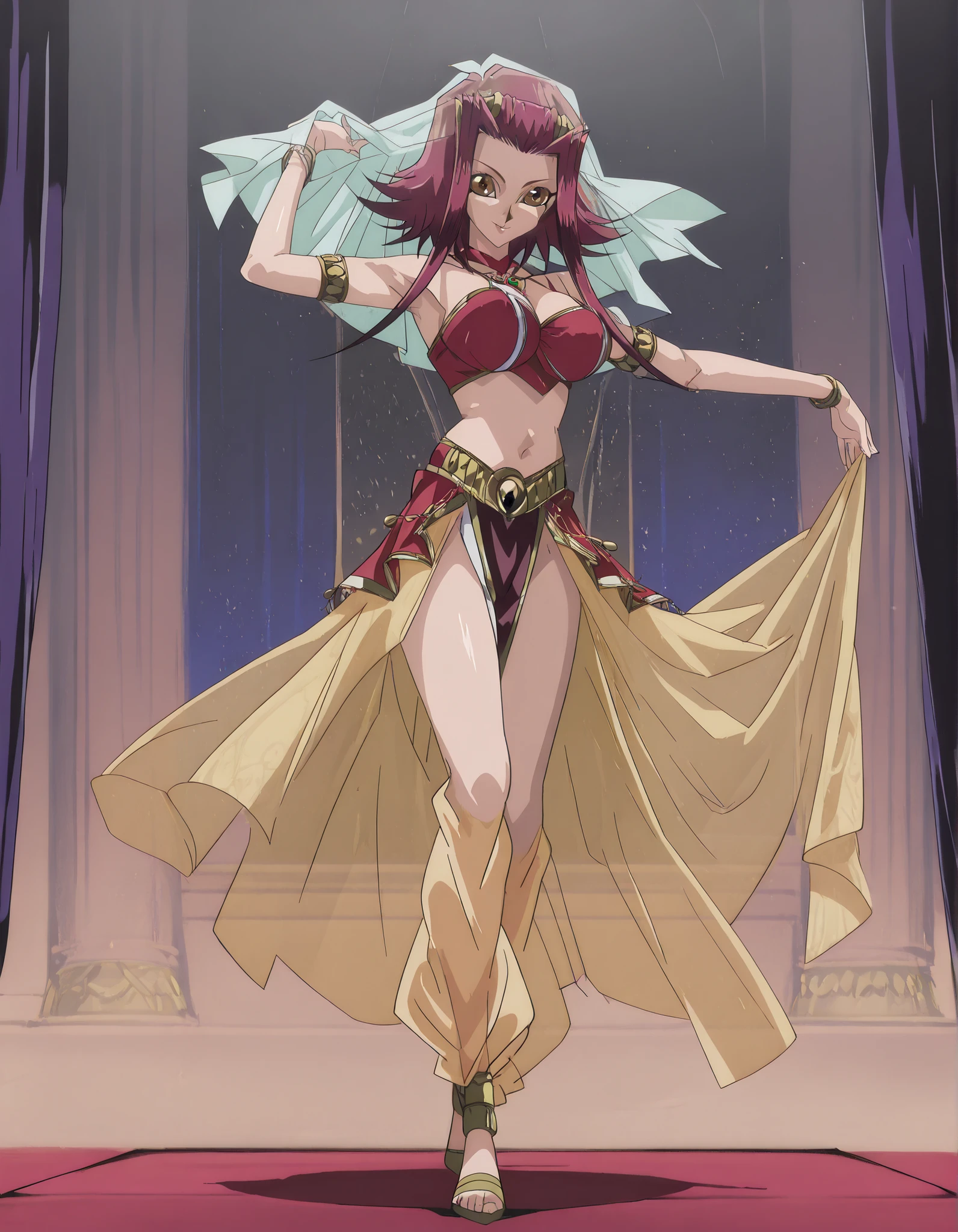 (1girl:1 . 5) , (Seul:1 . 5) , score_9 , score_8_haut , score_7_haut , source_anime , Official work , ultra-detailed , masterpiece , better quality , high resolution , beaux yeux , detailed eyes , Detailed face , beautiful detailed eyes, red hair, brown eyes, short hair with long locks, hair ornament,Yu-Gi-Oh 5'ds,Aki Izayoi ,Arabian Clothes , Arabian Dancer ,belly dancer costume,belly dancer outfit ,full body,golden jewelery,armlet, belly dancing,arabian theater,seductive smile, dancing with veil, dynamic movement,dance posture, pose