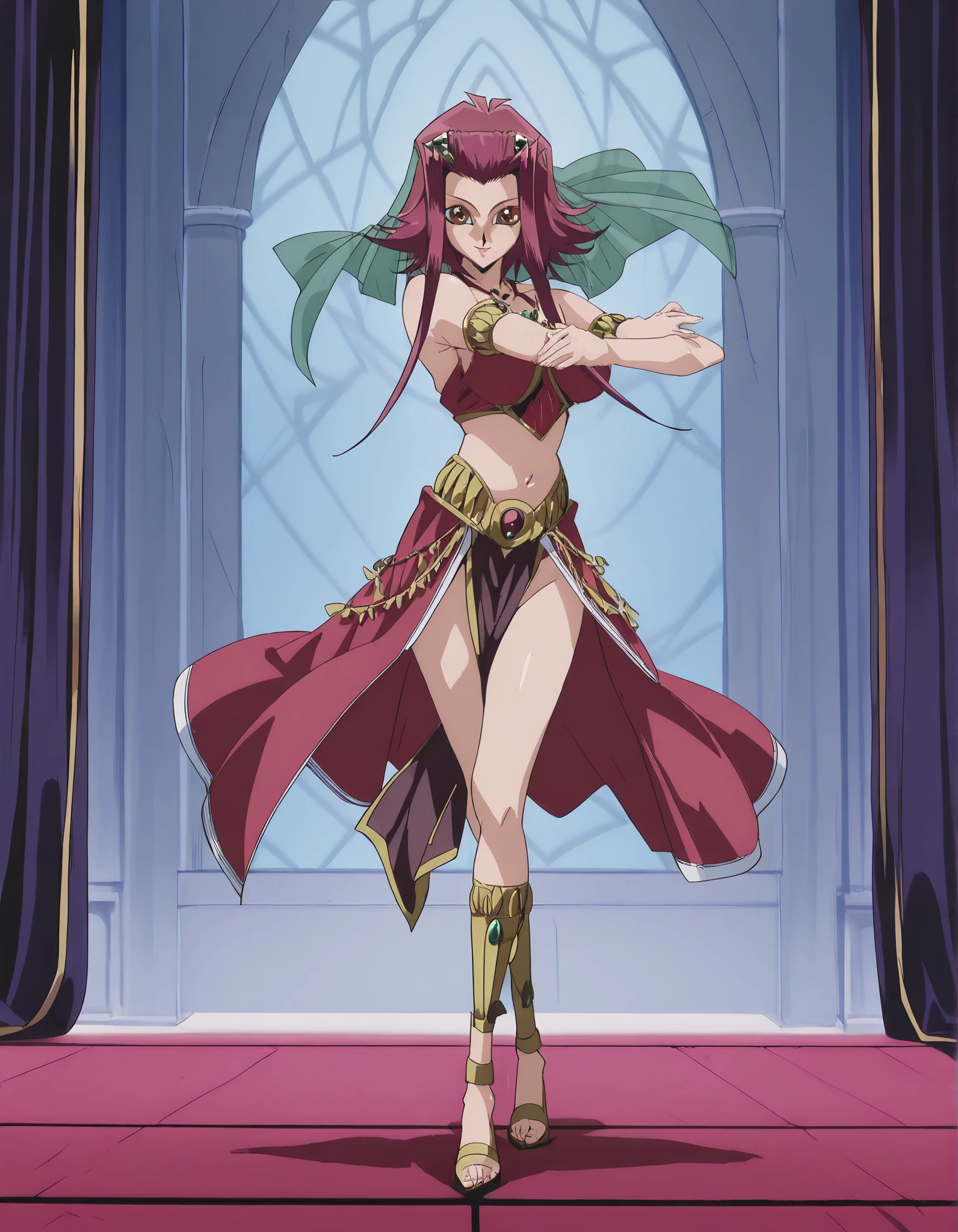 (1girl:1 . 5) , (Seul:1 . 5) , score_9 , score_8_haut , score_7_haut , source_anime , Official work , ultra-detailed , masterpiece , better quality , high resolution , beaux yeux , detailed eyes , Detailed face , beautiful detailed eyes, red hair, brown eyes, short hair with long locks, hair ornament,Yu-Gi-Oh 5'ds,Aki Izayoi ,Arabian Clothes , Arabian Dancer ,belly dancer costume,belly dancer outfit ,full body,golden jewelery,armlet, belly dancing,arabian theater,seductive smile, dancing with veil, dynamic movement,dance posture, pose