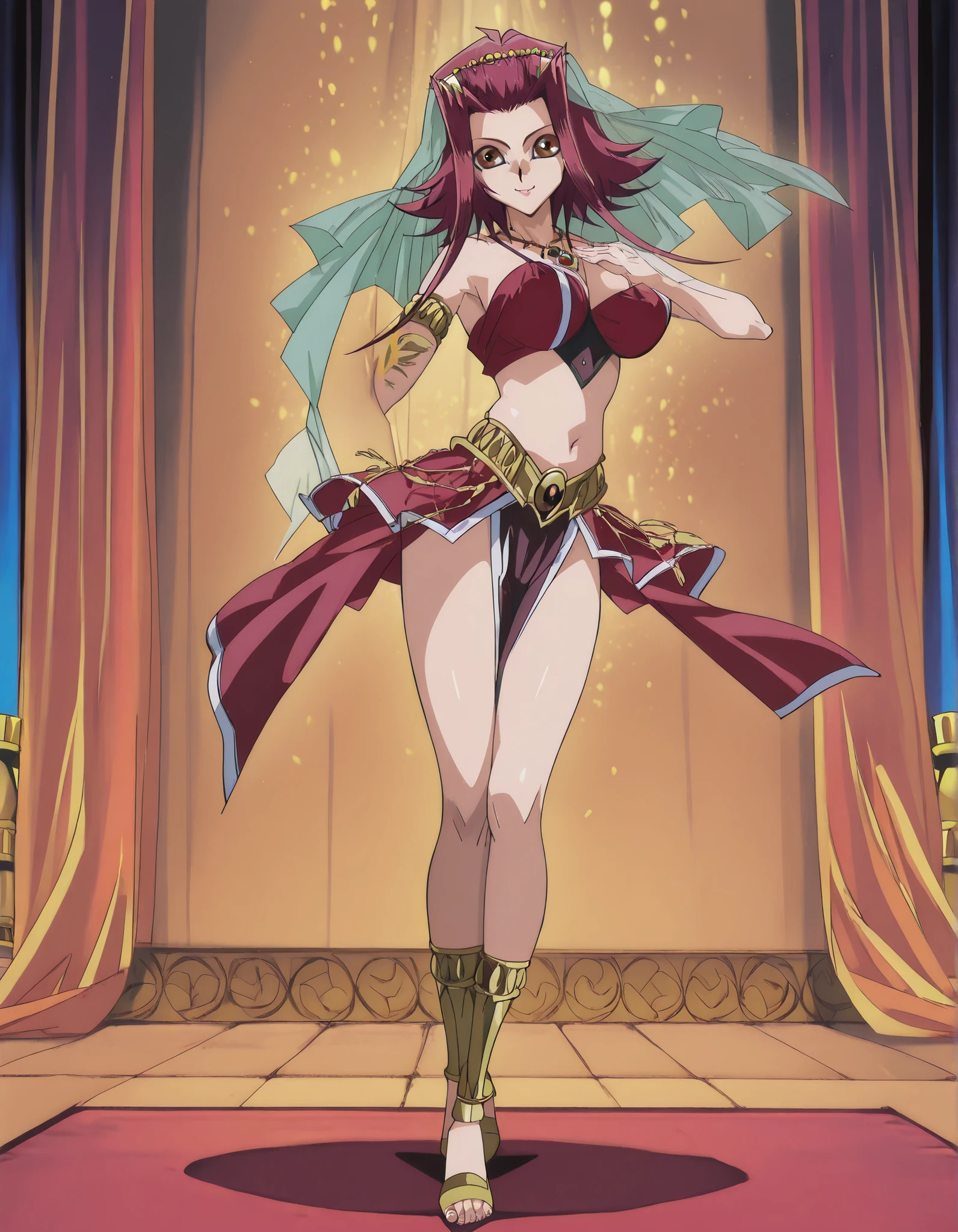 (1girl:1 . 5) , (Seul:1 . 5) , score_9 , score_8_haut , score_7_haut , source_anime , Official work , ultra-detailed , masterpiece , better quality , high resolution , beaux yeux , detailed eyes , Detailed face , beautiful detailed eyes, red hair, brown eyes, short hair with long locks, hair ornament,Yu-Gi-Oh 5'ds,Aki Izayoi ,Arabian Clothes , Arabian Dancer ,belly dancer costume,belly dancer outfit ,full body,golden jewelery,armlet, belly dancing,arabian theater,seductive smile, dancing with veil, dynamic movement,dance posture, pose