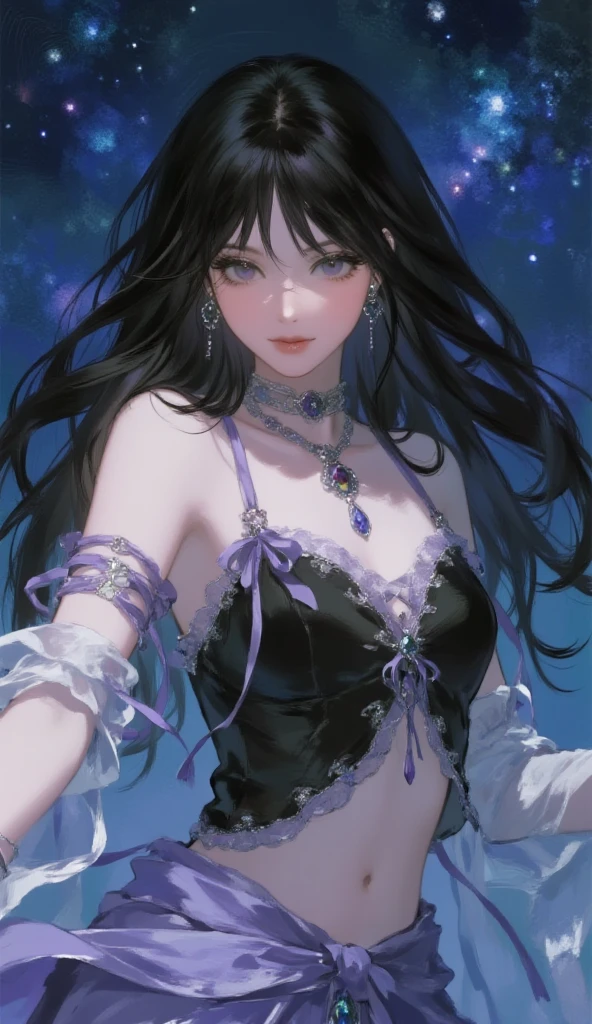 8k, masterpiece, RAW Photos, highest quality, Realistic, Very detailed, Depth of written boundary, Cinematic Light, Anatomically correct body, 
An elegant beautiful mature woman, Very beautiful face, Exquisitely detailed face, (A gentle, calm face like a goddess:1.4), Very delicate skin texture, Transparent muscle, Shiny white skin, Glamorous Body, 
(Wavy black long hair:1.2), ???? ???????, ???? ???, 
(Elegant lace slit long dress:1.4), (Detailed cloth texture:1.2), (Body chain accessory with detailed jewel studded embellishments:1.3), (Gorgeous necklace:1.1), (Gorgeous earrings:1.1), 
(Dark starry background:1.4), (Milky Way:1.1), (milky way:1.1), (shooting star:1.1), (Dark coastline at night:1.4), (Pitch black sea surface:1.4), 
(Low angle shot:1.8), 