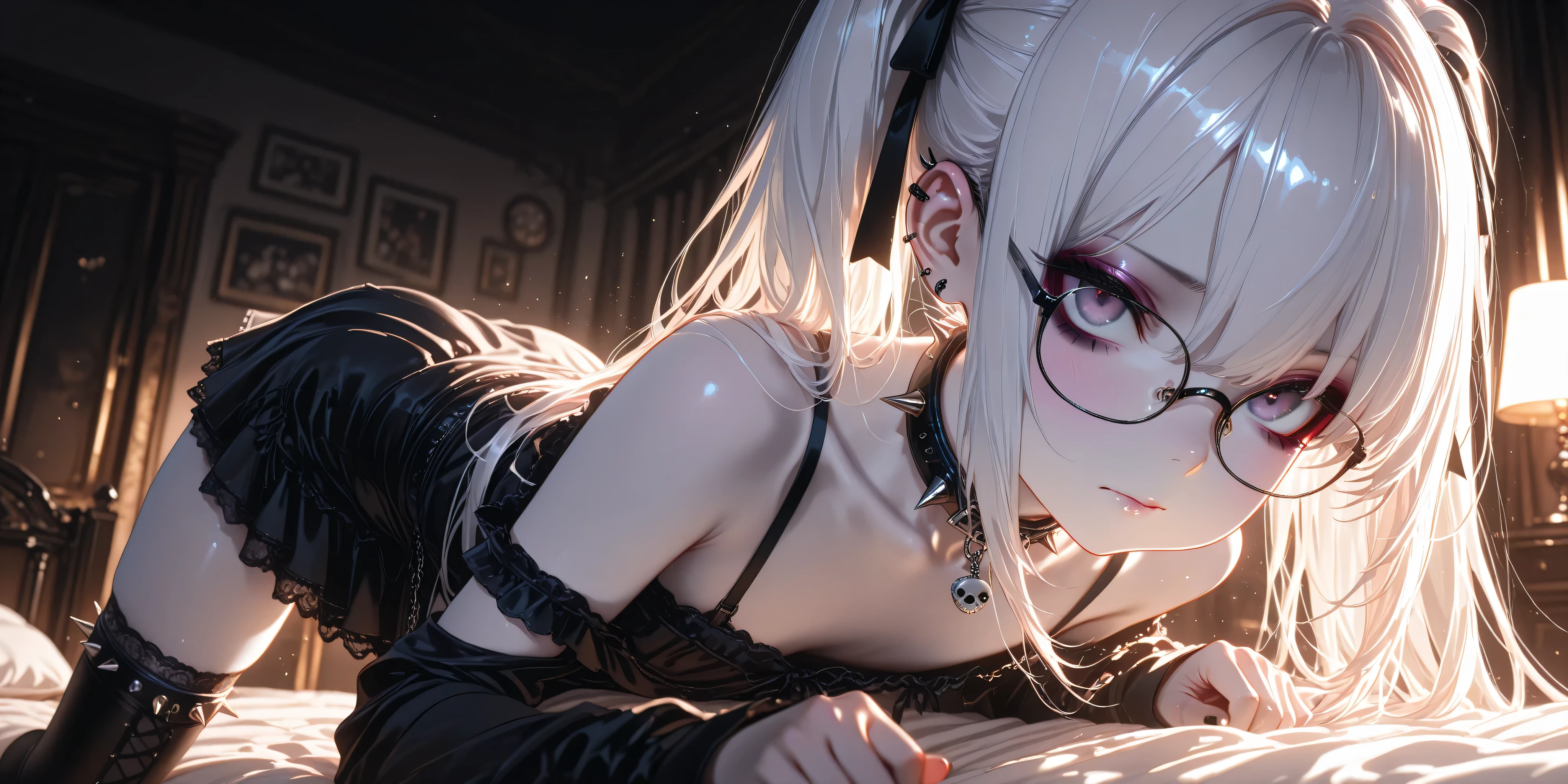 HDR,Dynamic lighting,masterpiece, best quality,detailed, high resolution, 8k, highly detailed, ultra detailed, beautiful lighting,best quality,detailed eyes,loli, makeup,collar,white hair, long hair, expressive,small, emo, goth, pale skin, bed, spikes, twintails, thighhighs, ponytail, glasses