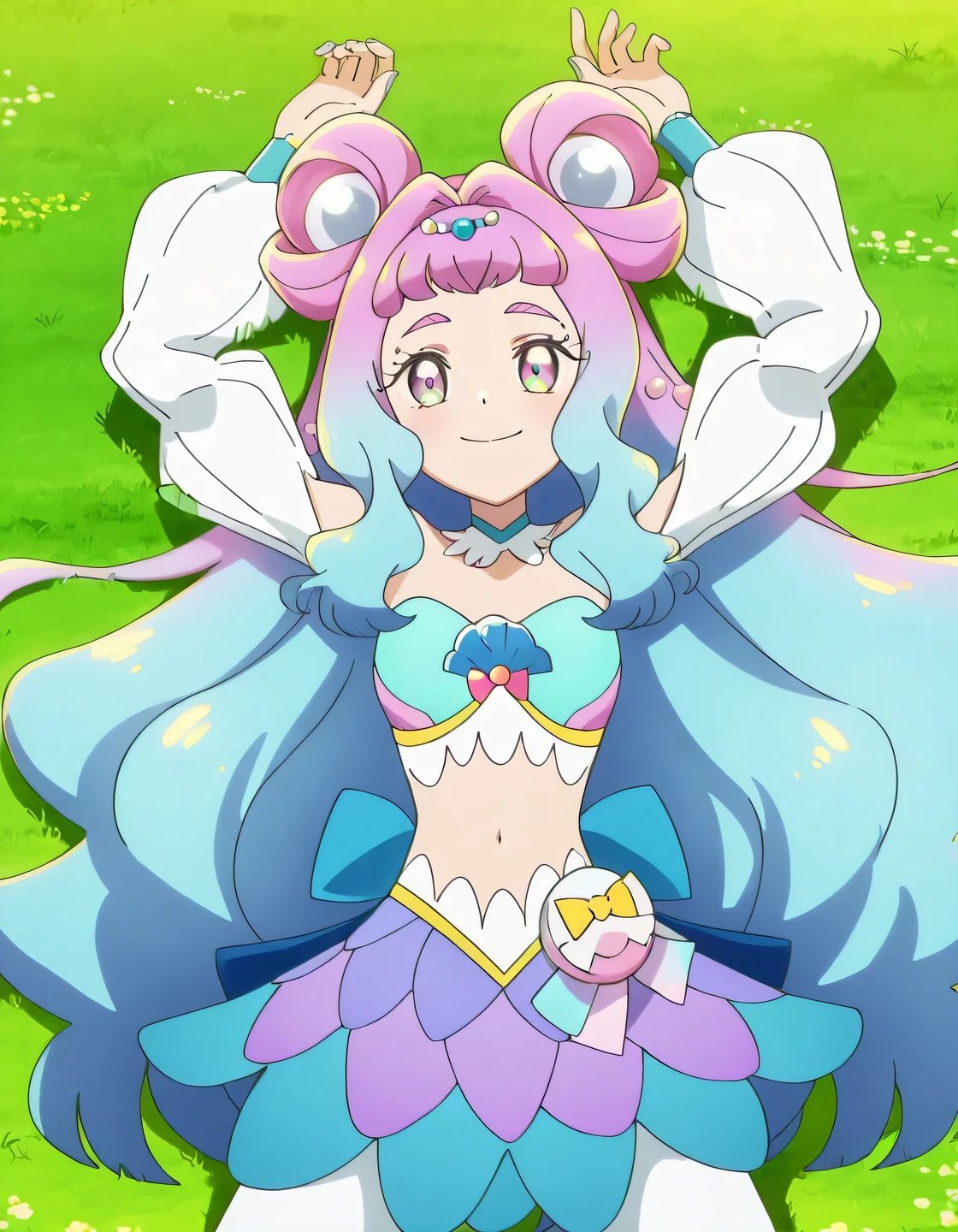 curelamer, lamercostume, anime screencap, high quality, solo, lying, on back, on grass, arms up, spread legs, overhead view, cowboy shot, closed mouth, looking at viewer, smile, best quality