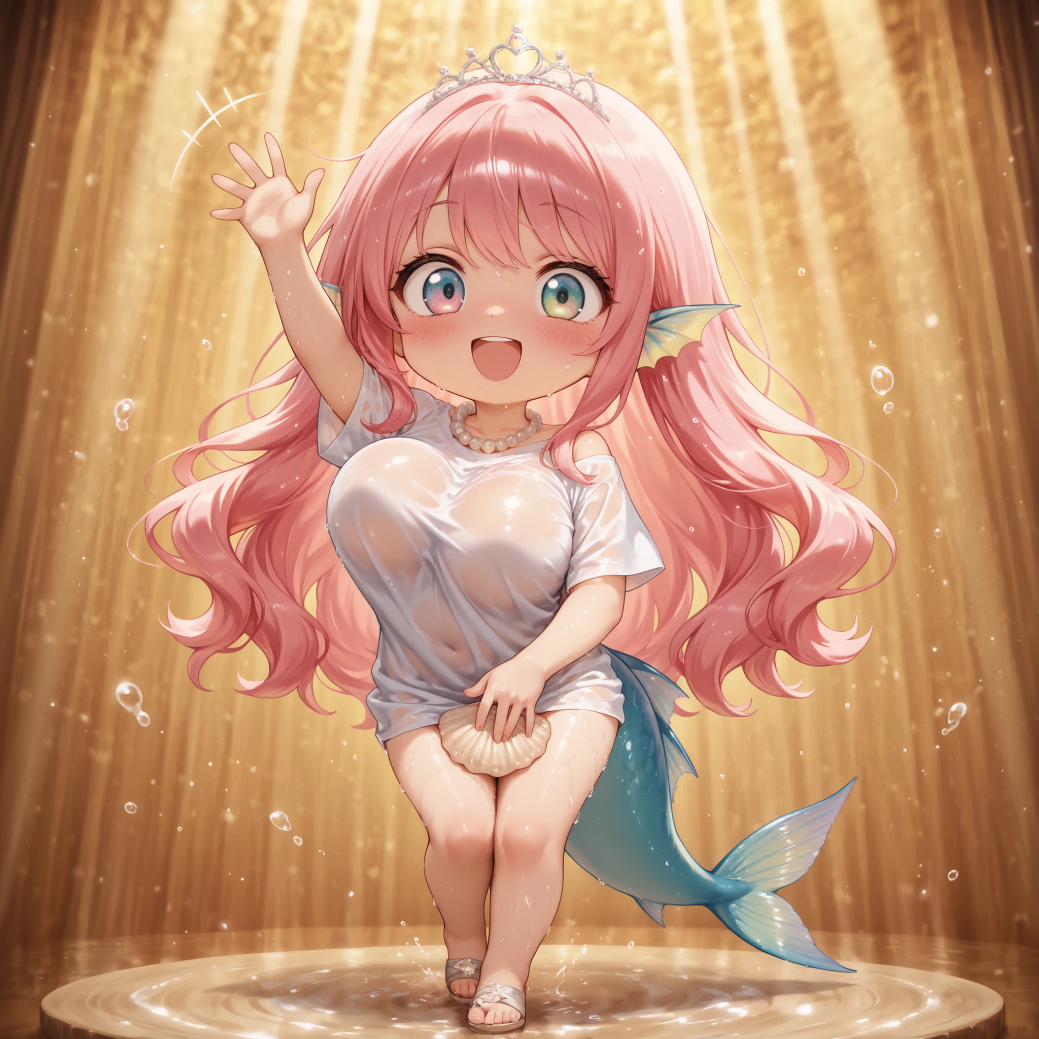 chibi,(1 person)、chibi only、(chibi:1.2)、full body、2.5 heads tall、(big boobs:1.2)、Dancing Little Mermaid、pink hair、wavy hair、Rainbow Eyes、blue-green tail、fish fin ears、Blush、have a smiling face、high angle、white wet t-shirt、pearl necklace、seashell tiara、anatomically accurate hands、Sea surface、 seagulls、masterpiece、Highest Quality、Detailed、anime style、TheDeail,arm up, standing, dancing, , open hands,,covering crotch,,