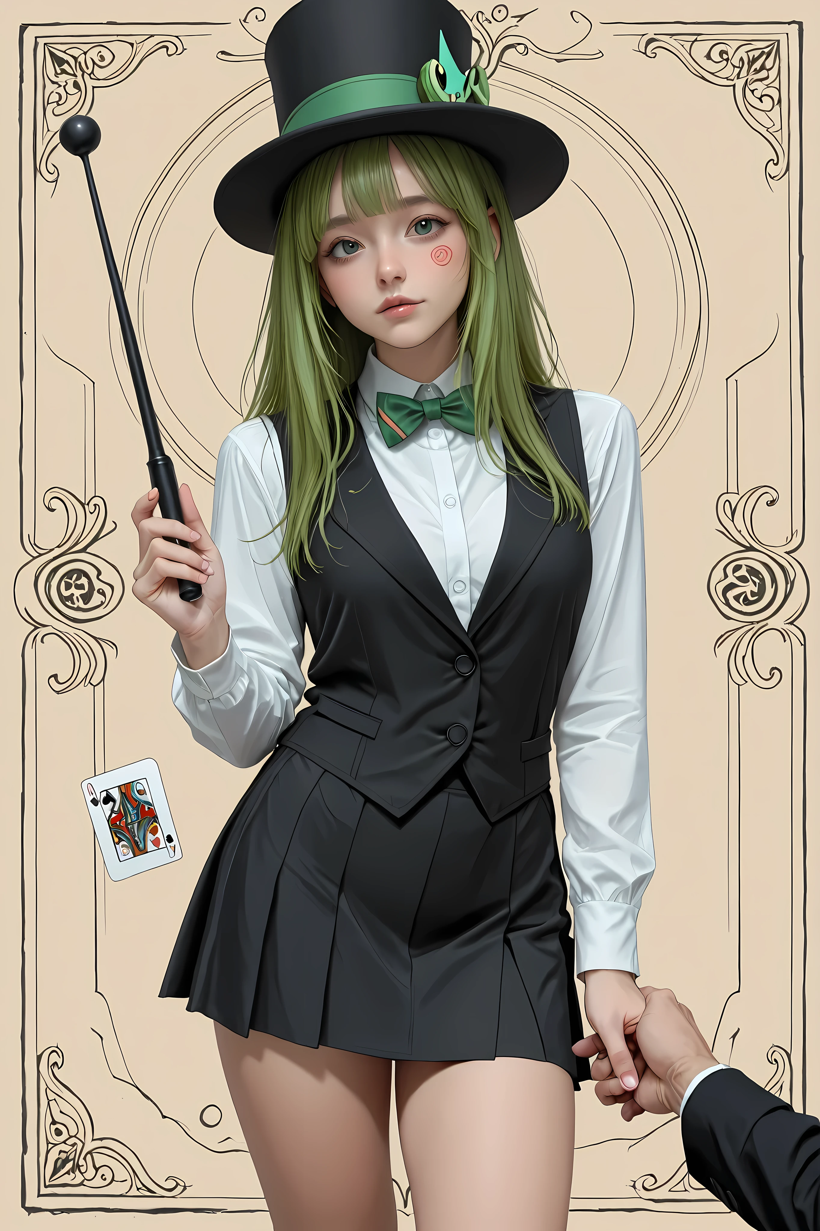 Vannamelon, magician, holding a black hat on the left hand, holding a magic wand on the right hand, black wand, vest, shirt, bow tie, miniskirt, black skirt, standing, cards flying around her