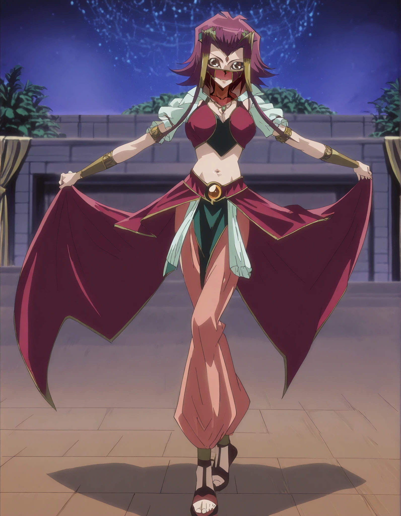 (1girl:1 . 5) , (Seul:1 . 5) , score_9 , score_8_haut , score_7_haut , source_anime , Official work , ultra-detailed , masterpiece , better quality , high resolution , beaux yeux , detailed eyes , Detailed face , beautiful detailed eyes, red hair, brown eyes, short hair with long locks, hair ornament,Yu-Gi-Oh! 5D's,Aki Izayoi ,Arabian Clothes , Arabian Dancer ,belly dancer costume,belly dancer outfit ,full body,golden jewelery,mouth veil,armlet, belly dancing,night,arabian garden,seductive smile, dancing with veil, dynamic movement,dance posture, seductive pose