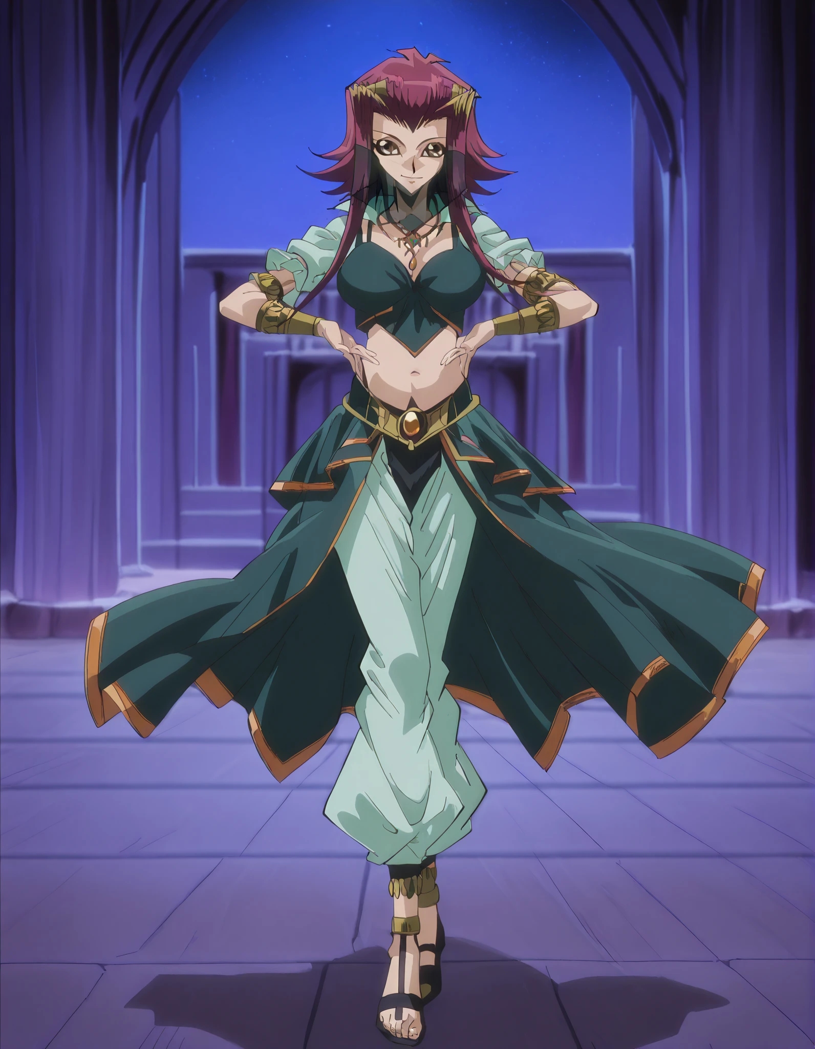 (1girl:1 . 5) , (Seul:1 . 5) , score_9 , score_8_haut , score_7_haut , source_anime , Official work , ultra-detailed , masterpiece , better quality , high resolution , beaux yeux , detailed eyes , Detailed face , beautiful detailed eyes, red hair, brown eyes, short hair with long locks, hair ornament,Yu-Gi-Oh! 5D's,Aki Izayoi ,Arabian Clothes , Arabian Dancer ,belly dancer costume,belly dancer outfit ,full body,golden jewelery,mouth veil,armlet, belly dancing,night,arabian garden,seductive smile, dancing with veil, dynamic movement,dance posture, seductive pose