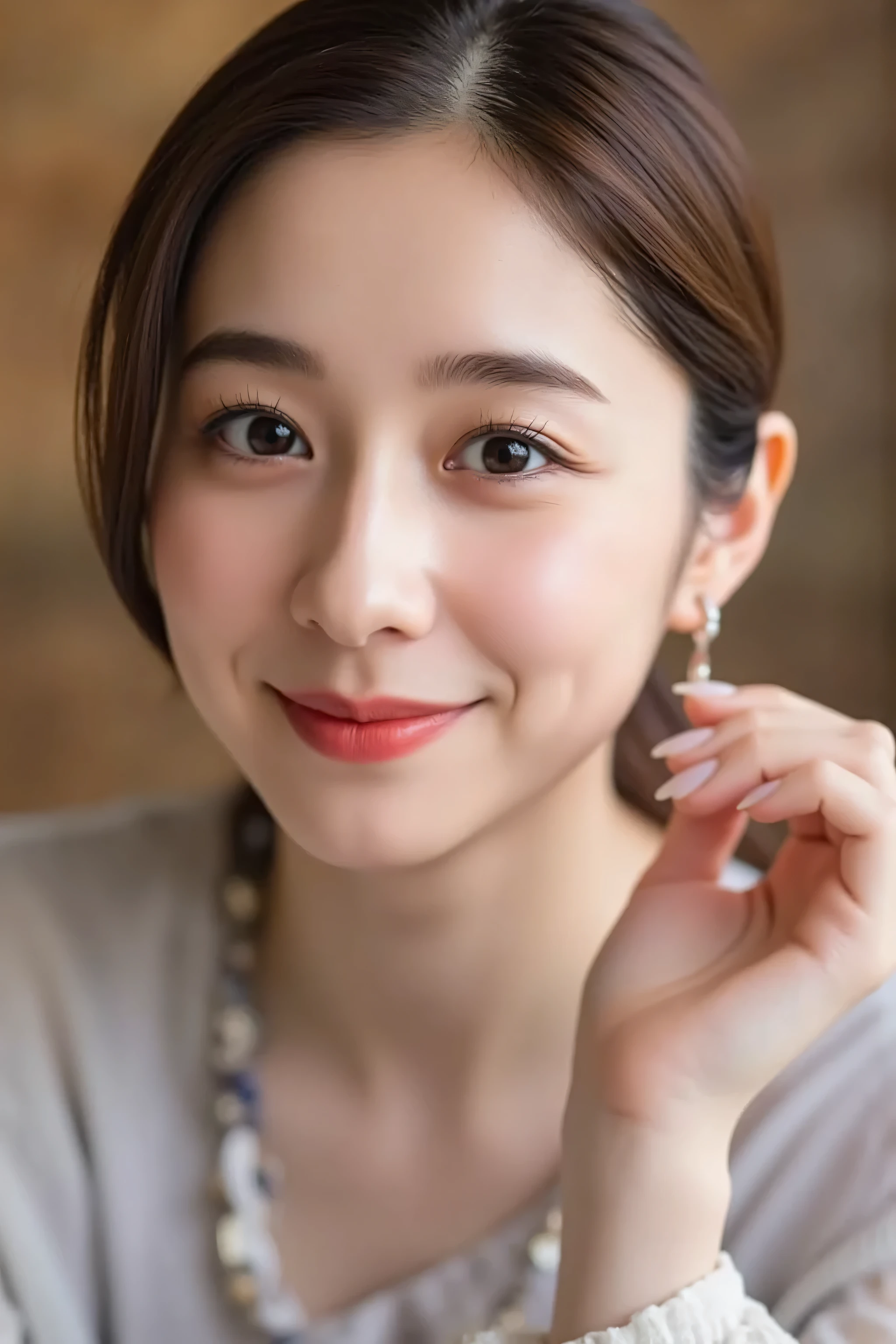 looking at viewer, beautiful skin, beautiful eyes, beautiful face, full make up, masterpiece, Super Details, Best lighting, Realistic and Realistic Pictures, high definition RAW color pictures, slightly smile, brown hair, asian, perfect anatomy, highly detailed eyes, face focus, evening gawn, 堀田真由,