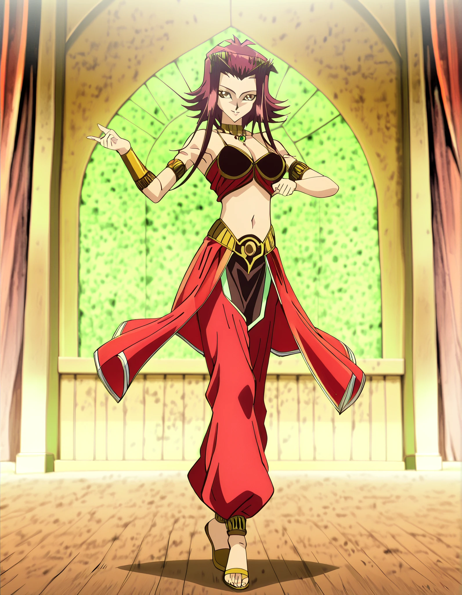 (1girl:1 . 5) , (Seul:1 . 5) , score_9 , score_8_haut , score_7_haut , source_anime , Official work , ultra-detailed , masterpiece , better quality , high resolution , beaux yeux , detailed eyes , Detailed face , beautiful detailed eyes, red hair, brown eyes, short hair with long locks, hair ornament,Yu-Gi-Oh! 5D's,Aki Izayoi ,Arabian Clothes , Arabian Dancer ,belly dancer costume,belly dancer outfit ,full body,golden jewelery,armlet, belly dancing,arabian garden,seductive smile, dancing with veil, dynamic movement,dance posture, seductive pose