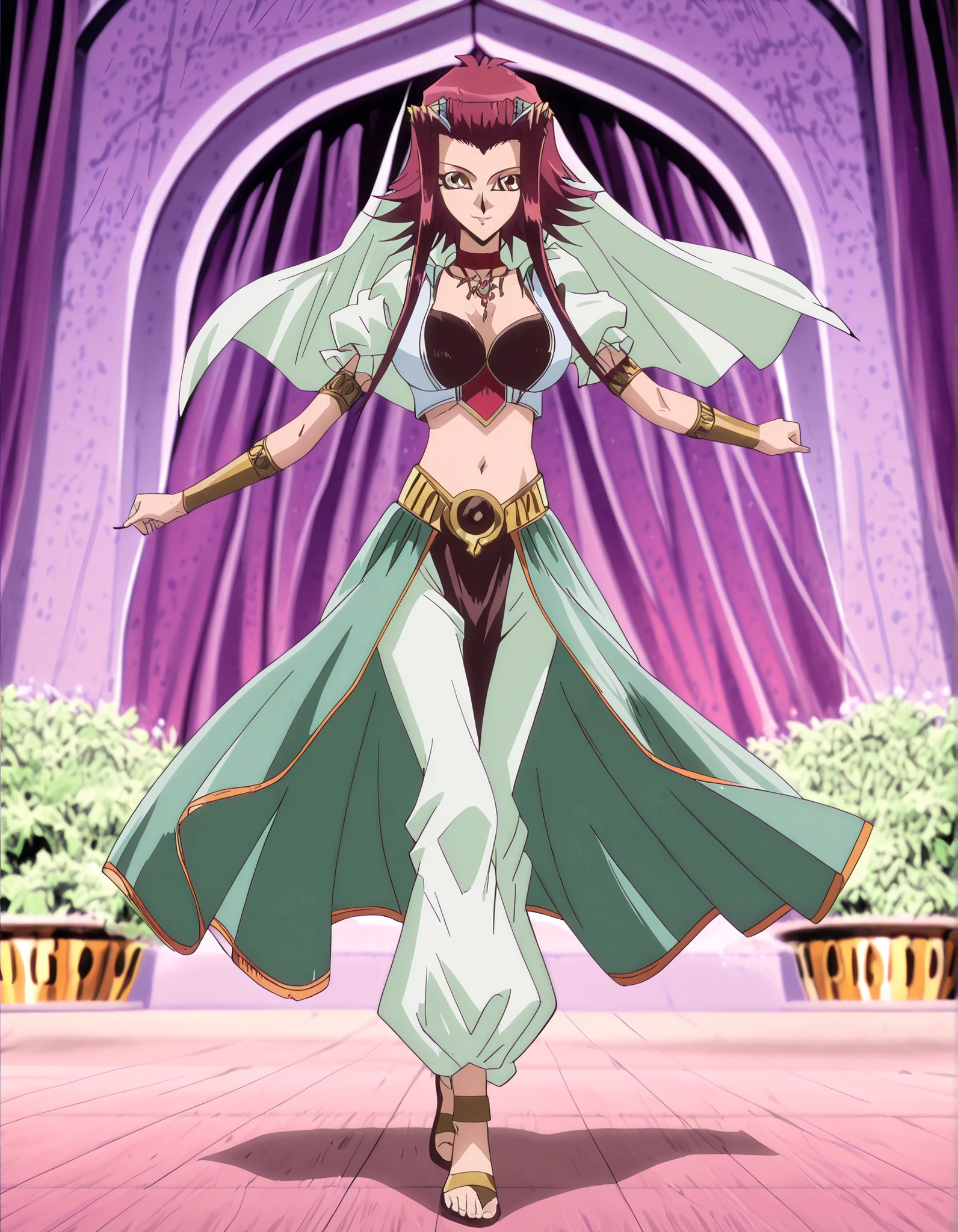 (1girl:1 . 5) , (Seul:1 . 5) , score_9 , score_8_haut , score_7_haut , source_anime , Official work , ultra-detailed , masterpiece , better quality , high resolution , beaux yeux , detailed eyes , Detailed face , beautiful detailed eyes, red hair, brown eyes, short hair with long locks, hair ornament,Yu-Gi-Oh! 5D's,Aki Izayoi ,Arabian Clothes , Arabian Dancer ,belly dancer costume,belly dancer outfit ,full body,golden jewelery,armlet, belly dancing,arabian garden,seductive smile, dancing with veil, dynamic movement,dance posture, seductive pose