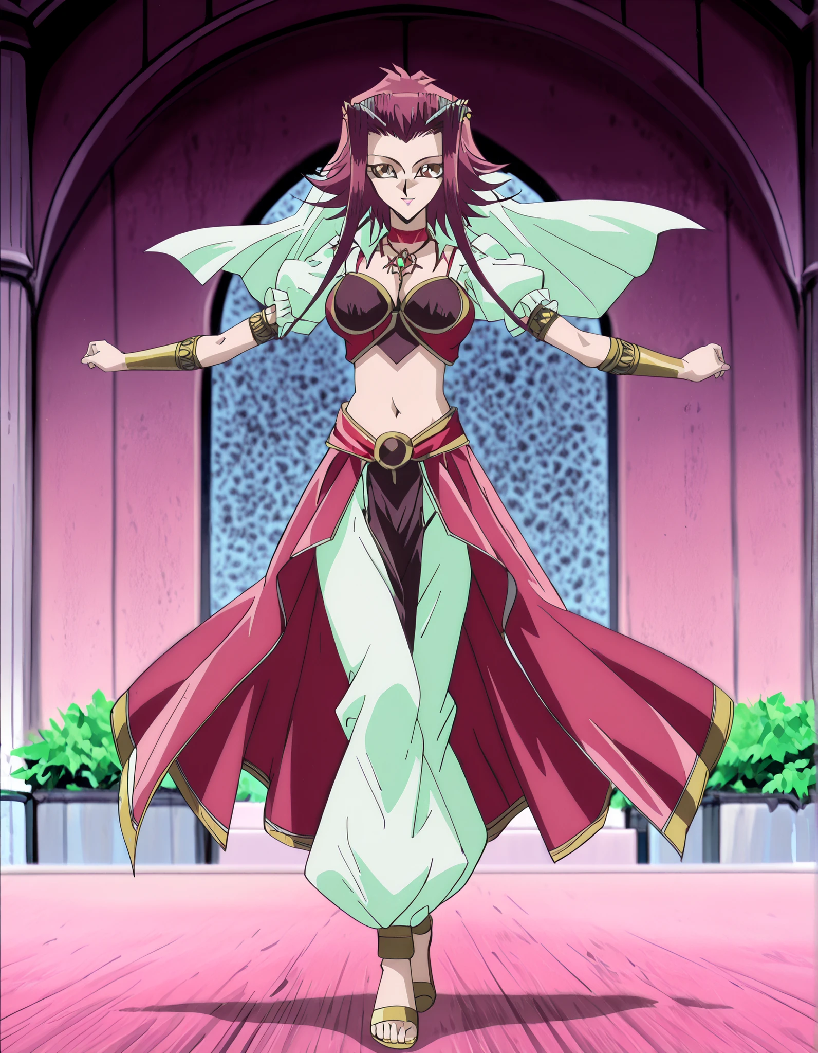 (1girl:1 . 5) , (Seul:1 . 5) , score_9 , score_8_haut , score_7_haut , source_anime , Official work , ultra-detailed , masterpiece , better quality , high resolution , beaux yeux , detailed eyes , Detailed face , beautiful detailed eyes, red hair, brown eyes, short hair with long locks, hair ornament,Yu-Gi-Oh! 5D's,Aki Izayoi ,Arabian Clothes , Arabian Dancer ,belly dancer costume,belly dancer outfit ,full body,golden jewelery,armlet, belly dancing,arabian garden,seductive smile, dancing with veil, dynamic movement,dance posture, seductive pose
