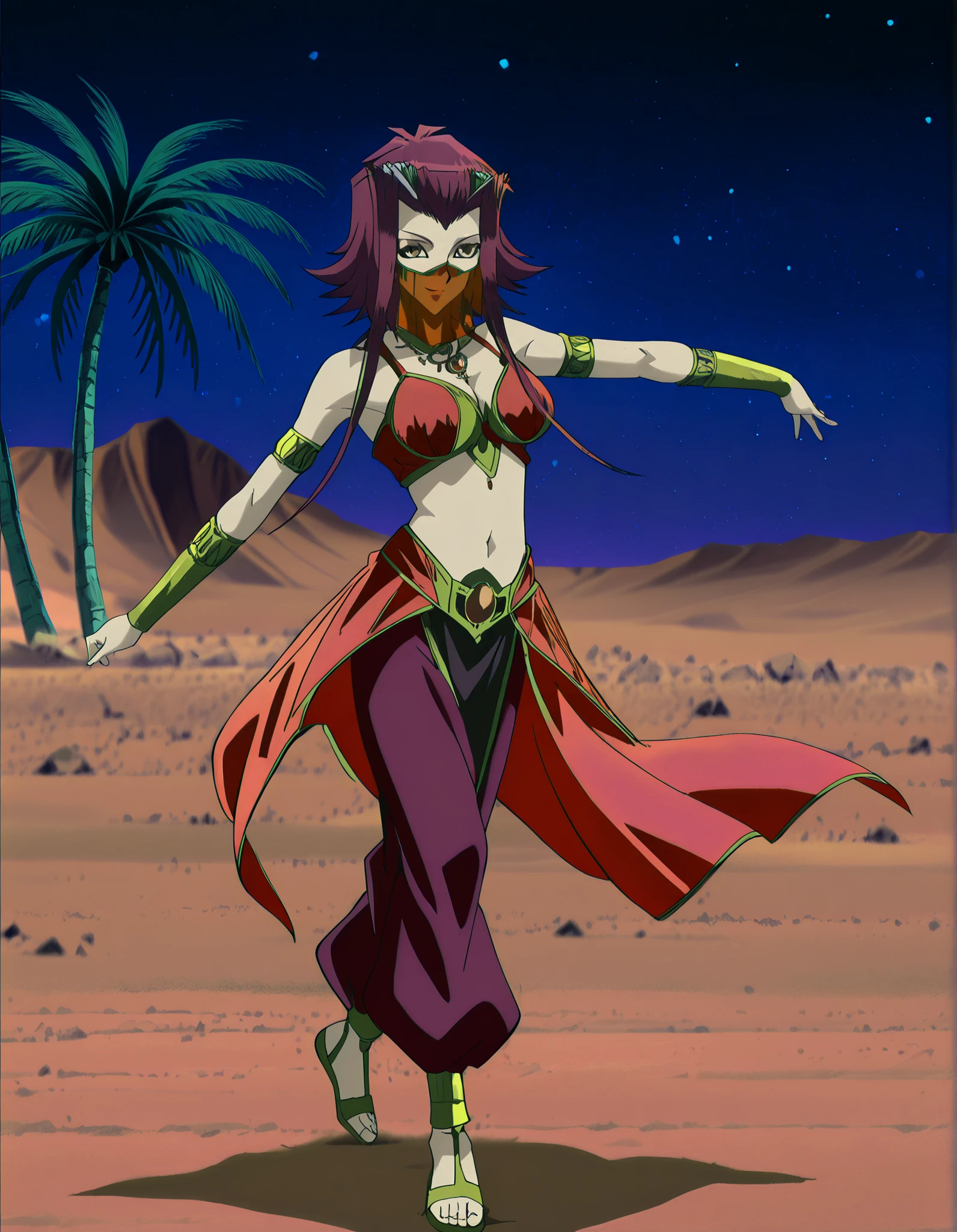 (1girl:1 . 5) , (Seul:1 . 5) , score_9 , score_8_haut , score_7_haut , source_anime , Official work , ultra-detailed , masterpiece , better quality , high resolution , beaux yeux , detailed eyes , Detailed face , beautiful detailed eyes, red hair, brown eyes, short hair with long locks, hair ornament,Yu-Gi-Oh! 5D's,Aki Izayoi ,Arabian Clothes , Arabian Dancer ,belly dancer costume,belly dancer outfit ,full body,golden jewelery,mouth veil,armlet, belly dancing,night,desert lands,palm tree,seductive smile, dancing with veil, dynamic movement,dance posture, seductive pose