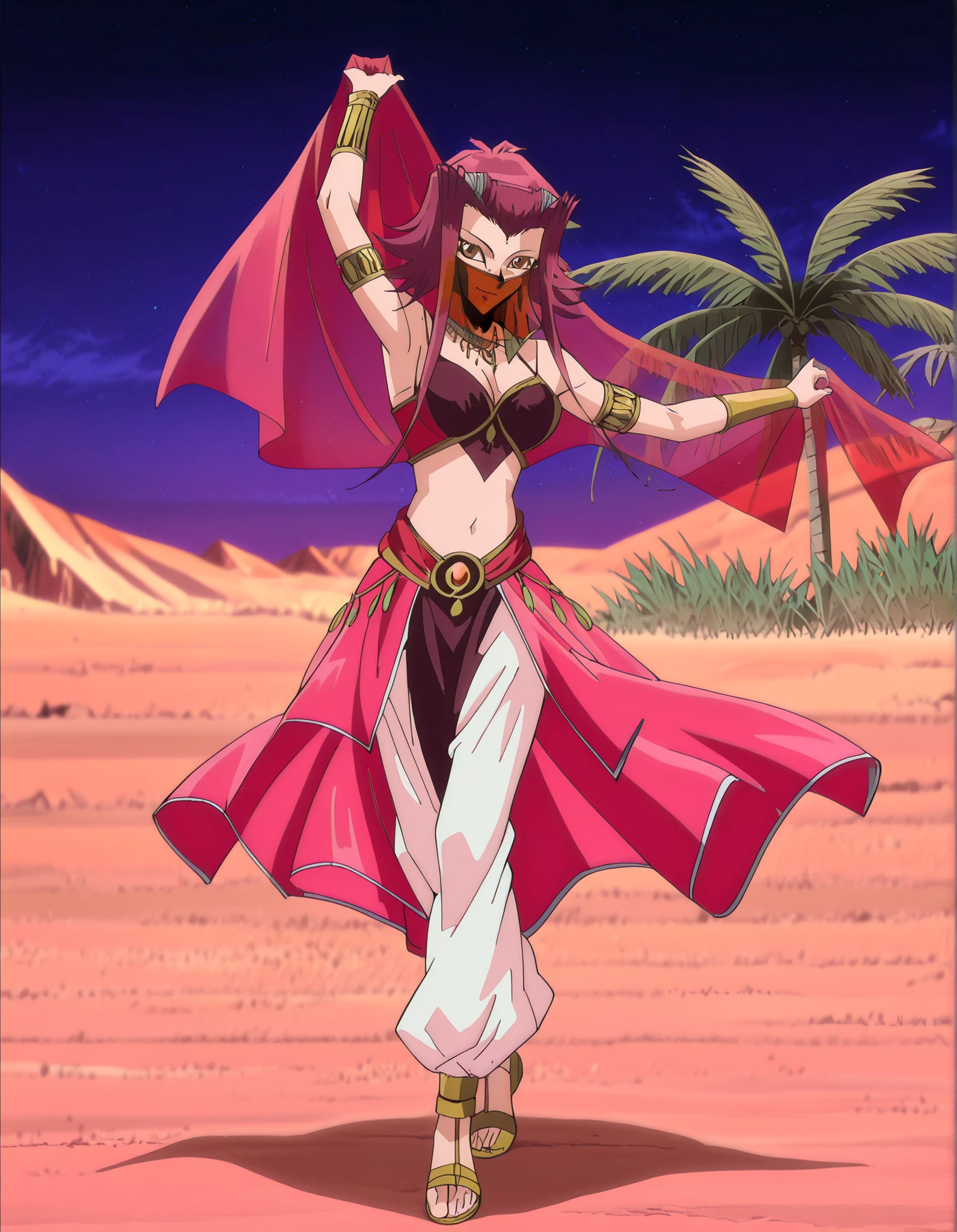 (1girl:1 . 5) , (Seul:1 . 5) , score_9 , score_8_haut , score_7_haut , source_anime , Official work , ultra-detailed , masterpiece , better quality , high resolution , beaux yeux , detailed eyes , Detailed face , beautiful detailed eyes, red hair, brown eyes, short hair with long locks, hair ornament,Yu-Gi-Oh! 5D's,Aki Izayoi ,Arabian Clothes , Arabian Dancer ,belly dancer costume,belly dancer outfit ,full body,golden jewelery,mouth veil,armlet, belly dancing,night,desert lands,palm tree,seductive smile, dancing with veil, dynamic movement,dance posture, seductive pose