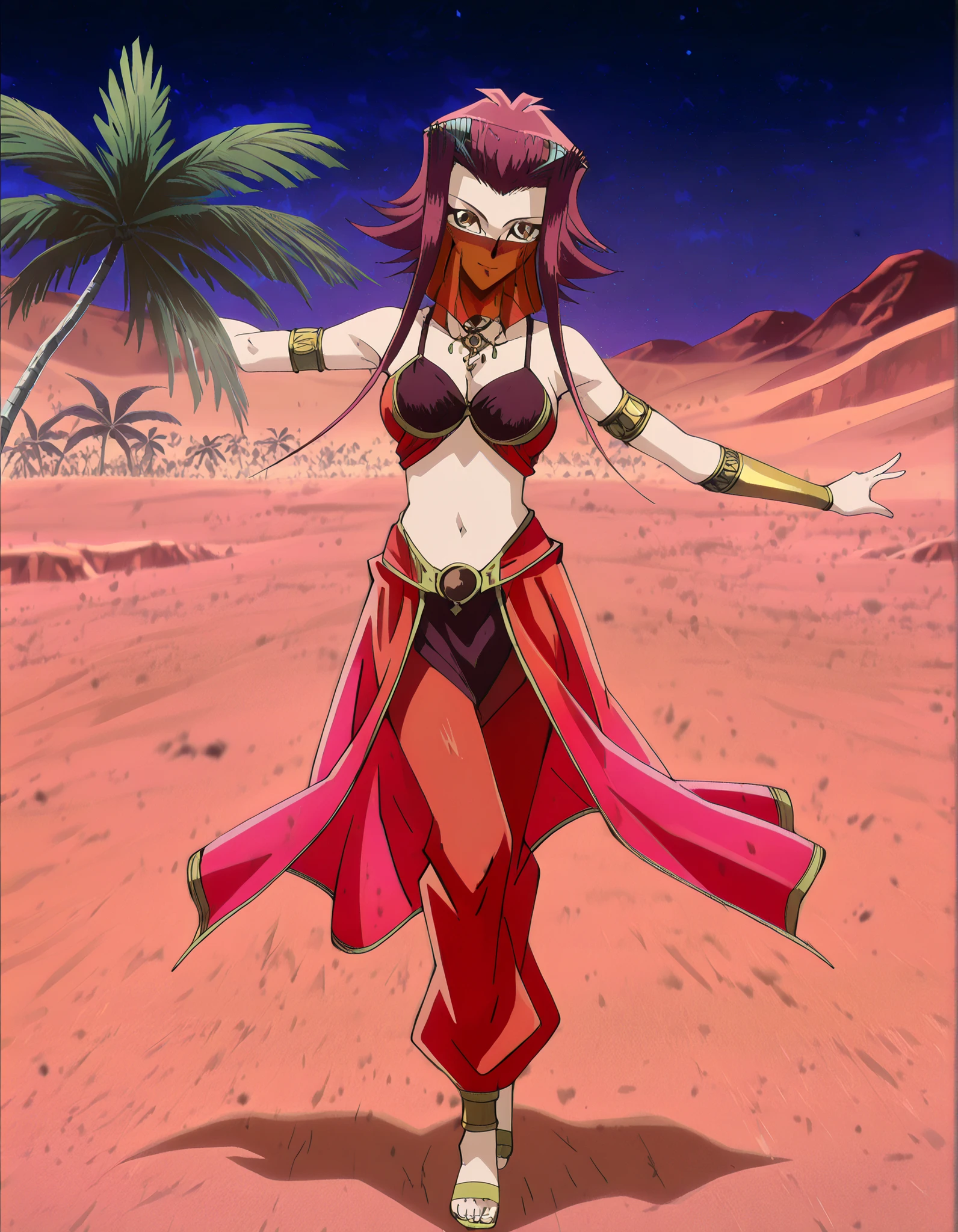 (1girl:1 . 5) , (Seul:1 . 5) , score_9 , score_8_haut , score_7_haut , source_anime , Official work , ultra-detailed , masterpiece , better quality , high resolution , beaux yeux , detailed eyes , Detailed face , beautiful detailed eyes, red hair, brown eyes, short hair with long locks, hair ornament,Yu-Gi-Oh! 5D's,Aki Izayoi ,Arabian Clothes , Arabian Dancer ,belly dancer costume,belly dancer outfit ,full body,golden jewelery,mouth veil,armlet, belly dancing,night,desert lands,palm tree,seductive smile, dancing with veil, dynamic movement,dance posture, seductive pose