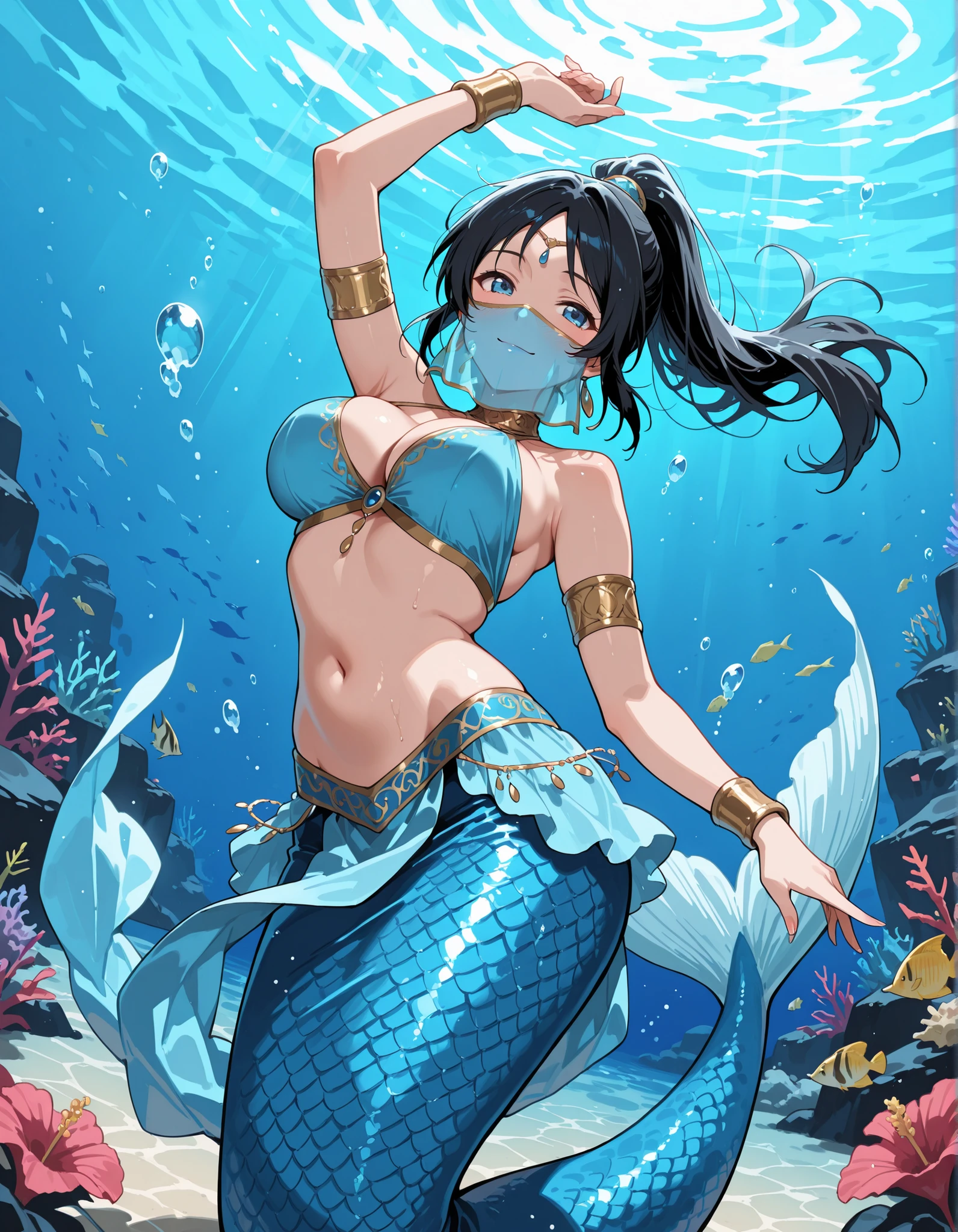 Score_9, score_8_up, score_7_up, source_anime, sugisaka umi, solo, ponytail, black hair, blue eyes, large breasts, (best quality), (high quality), {masterpiece}, extremely delicate and beautiful, ultra-detailed, beautiful detailed eyes, mermaid, no legs, blue arabian clothes, dancer, blue mouth veil, belly dancing, armlet, gold circlet, dancing, underwater, smile, closed mouth