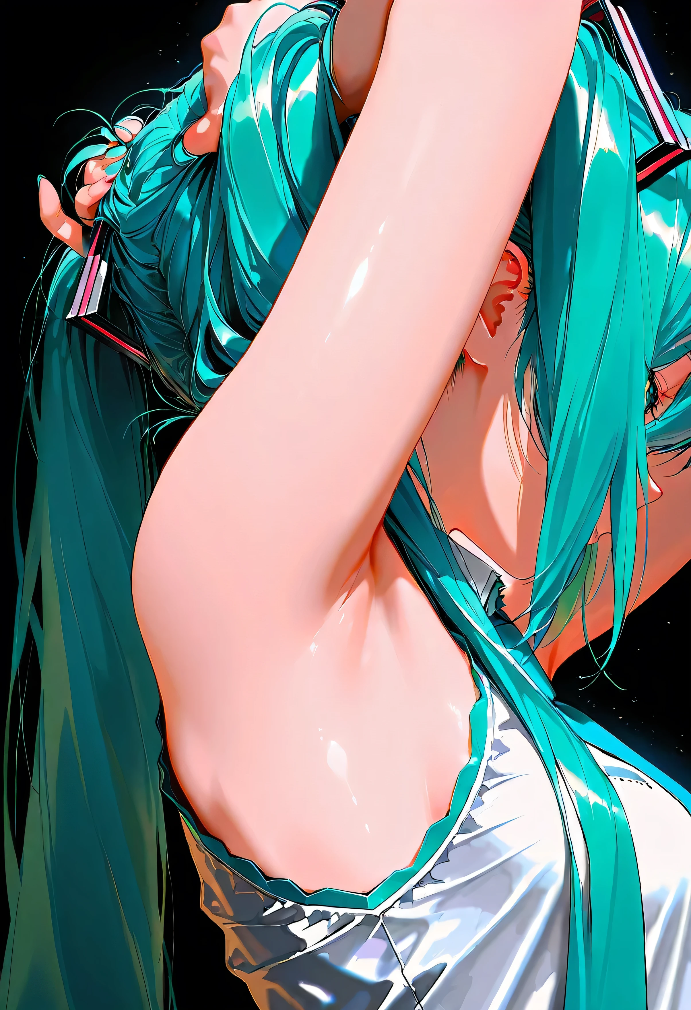 Hatsune Miku,(dark:2.0),masterpiece,Ultra-high resolution,Rich contrast,Very high quality,8k,Highly detailed CG unit wallpaper,Texture,So ridiculous,RAW Photos,Depth of written boundary 1.2,maorix,bunching hair,(Armpit close up:1.5),(from side:1.3)