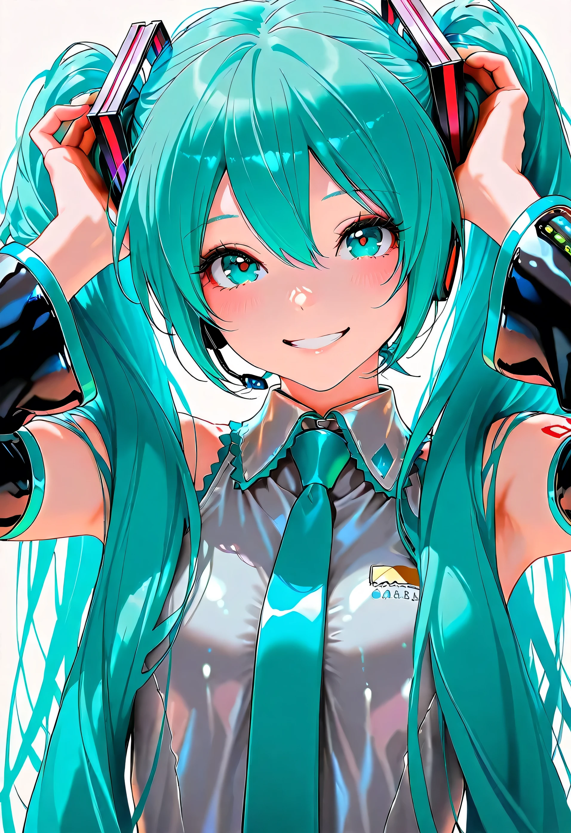 Hatsune Miku,masterpiece,Ultra-high resolution,Rich contrast,Very high quality,8k,Highly detailed CG unit wallpaper,Texture,So ridiculous,RAW Photos,Depth of written boundary 1.2,maorix,bunching hair,big smile,