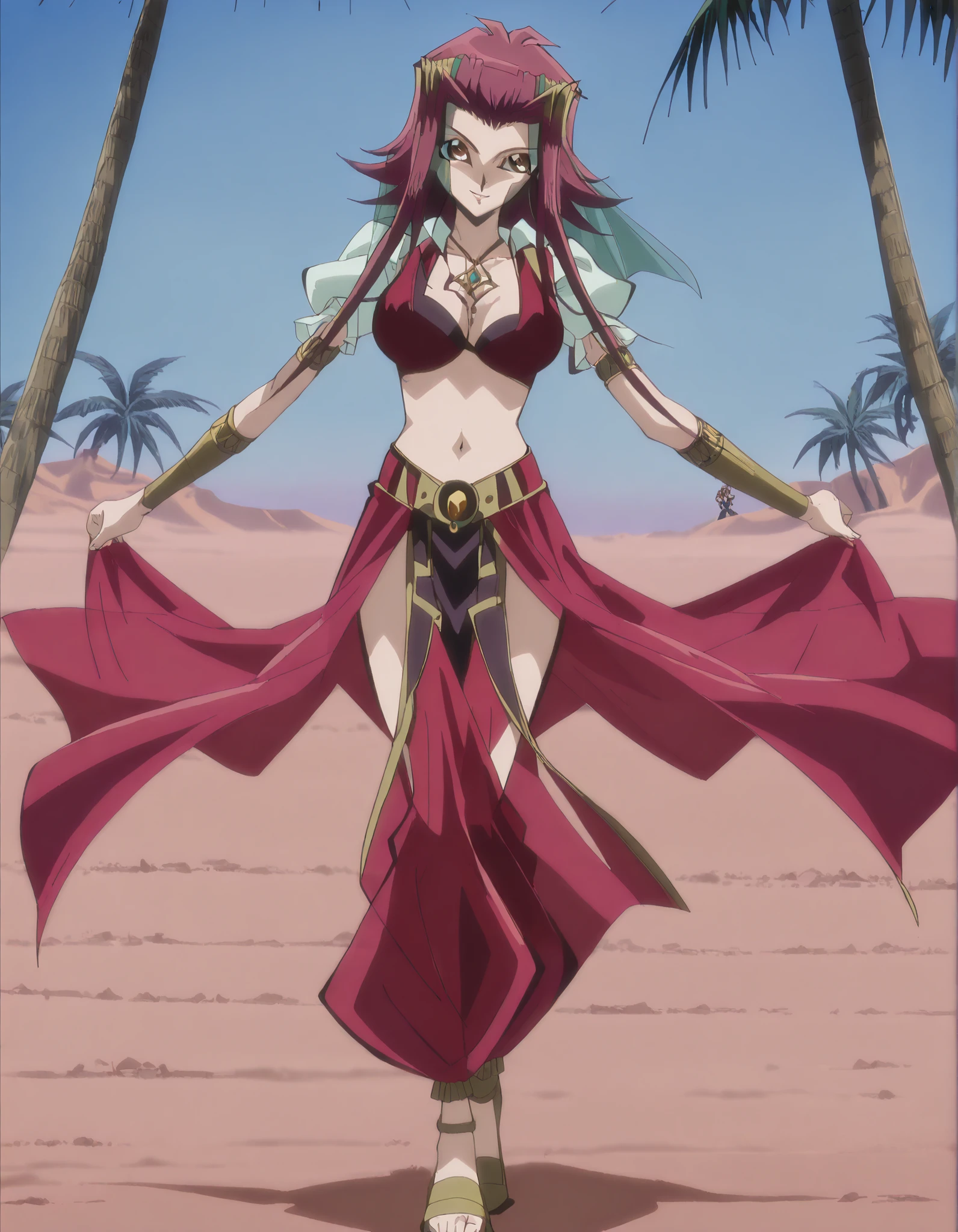 (1girl:1 . 5) , (Seul:1 . 5) , score_9 , score_8_haut , score_7_haut , source_anime , Official work , ultra-detailed , masterpiece , better quality , high resolution , beaux yeux , detailed eyes , Detailed face , beautiful detailed eyes, red hair, brown eyes, short hair with long locks, hair ornament,Yu-Gi-Oh! 5D's,Aki Izayoi ,Arabian Clothes , Arabian Dancer ,belly dancer costume,belly dancer outfit ,full body,golden jewelery,armlet, belly dancing,desert lands,palm tree,seductive smile, dancing with veil, dynamic movement,dance posture, seductive pose