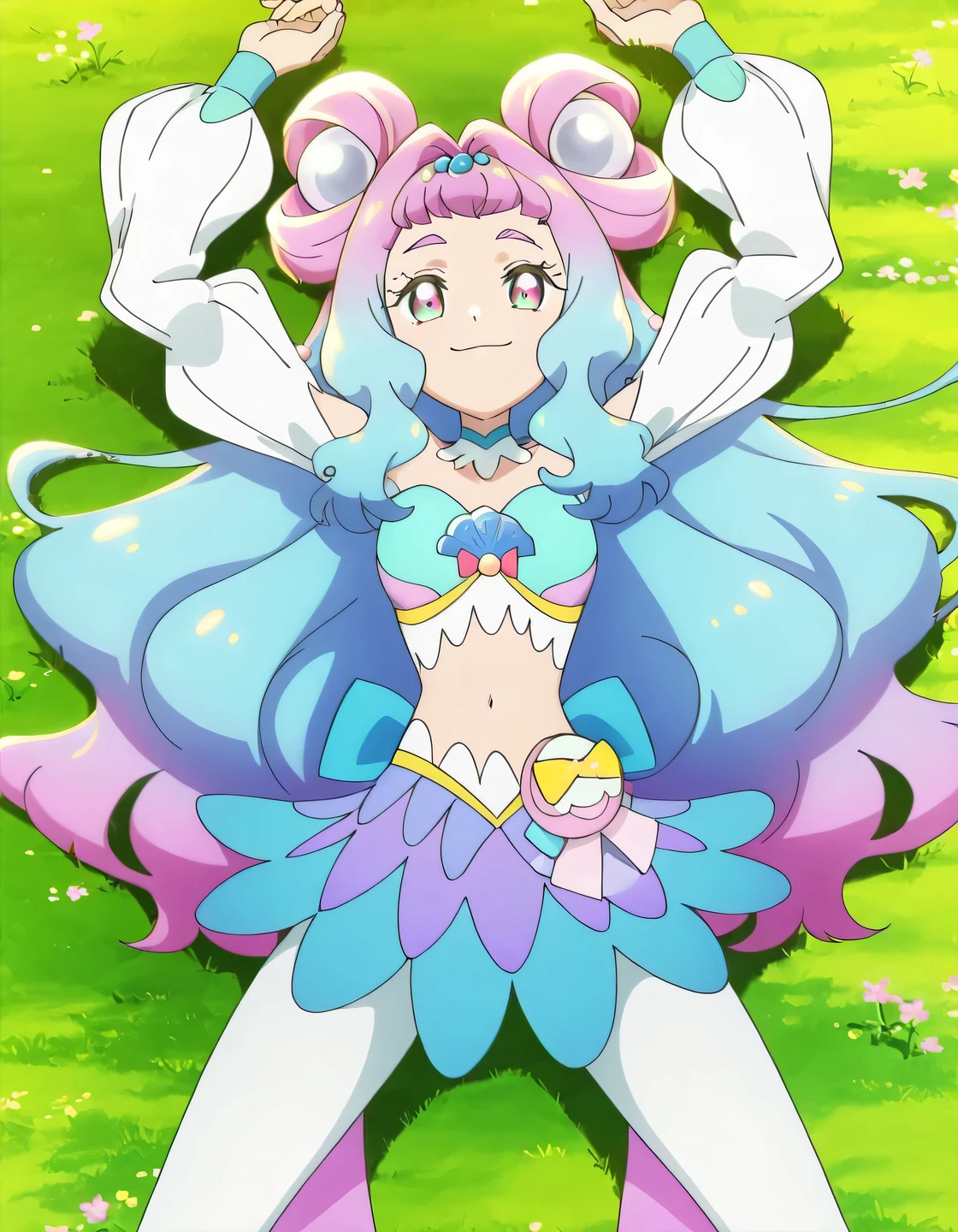 curelamer, lamercostume, anime screencap, high quality, solo, lying, on back, on grass, arms up, spread legs, overhead view, cowboy shot, closed mouth, looking at viewer, smile, best quality