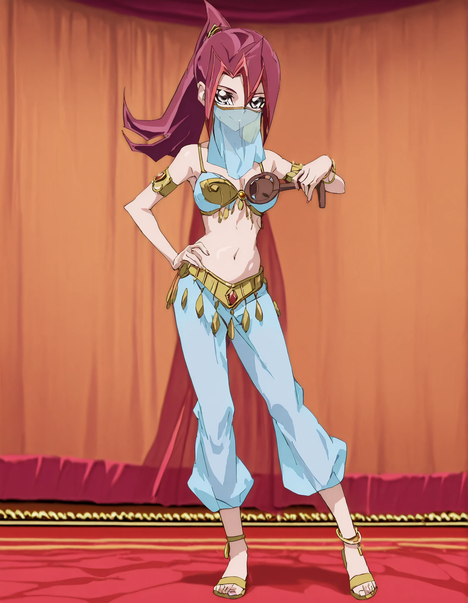 (1girl:1 . 5) , (Seul:1 . 5) , score_9 , score_8_haut , score_7_haut , source_anime , Official work , ultra-detailed , masterpiece , better quality , high resolution , beaux yeux , detailed eyes , Detailed face , beautiful detailed eyes, purple eyes, red hair, long hair, ponytail, multicolored hair,Yu-Gi-Oh Zexal,Akari Tsukumo,Arabian Clothes , Arabian Dancer ,belly dancer costume,belly dancer outfit ,full body,golden jewelery,mouth veil,armlet, belly dancing,arabian theater,seductive smile, dancing with veil, dynamic movement,dance posture, seductive pose