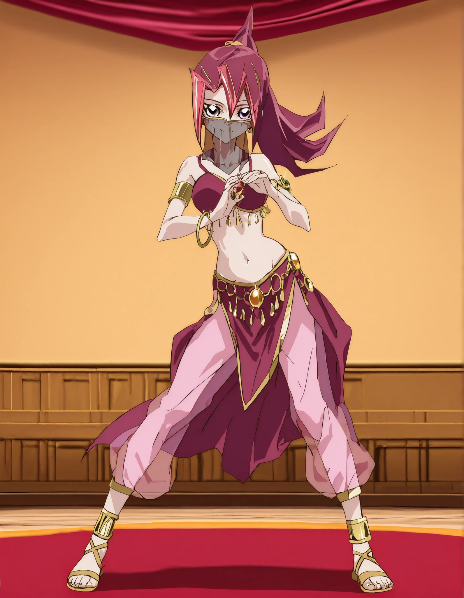(1girl:1 . 5) , (Seul:1 . 5) , score_9 , score_8_haut , score_7_haut , source_anime , Official work  , ultra-detailed , masterpiece , better quality , high resolution , beaux yeux , detailed eyes , Detailed face , beautiful detailed eyes, purple eyes, red hair, long hair, ponytail, multicolored hair,Yu-Gi-Oh Zexal,Akari Tsukumo,Arabian Clothes , Arabian Dancer ,belly dancer costume,belly dancer outfit ,full body,golden jewelery,mouth veil,armlet, belly dancing,arabian theater,seductive smile, dancing with veil, dynamic movement,dance posture,  pose