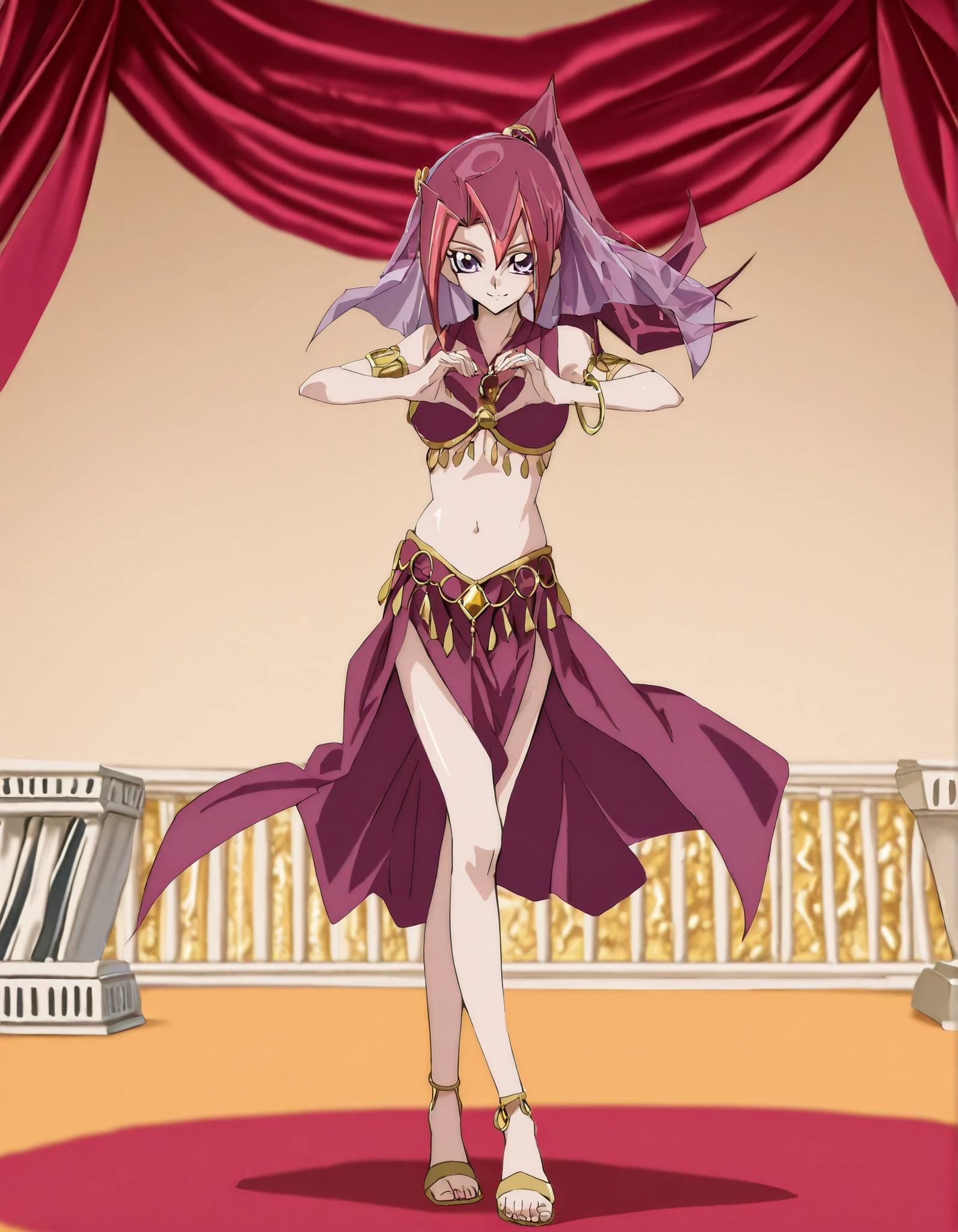 (1girl:1 . 5) , (Seul:1 . 5) , score_9 , score_8_haut , score_7_haut , source_anime , Official work , ultra-detailed , masterpiece , better quality , high resolution , beaux yeux , detailed eyes , Detailed face , beautiful detailed eyes, purple eyes, red hair, long hair, ponytail, multicolored hair,Yu-Gi-Oh Zexal,Akari Tsukumo,Arabian Clothes , Arabian Dancer ,belly dancer costume,belly dancer outfit ,full body,golden jewelery,armlet, belly dancing,arabian theater,seductive smile, dancing with veil, dynamic movement,dance posture, pose