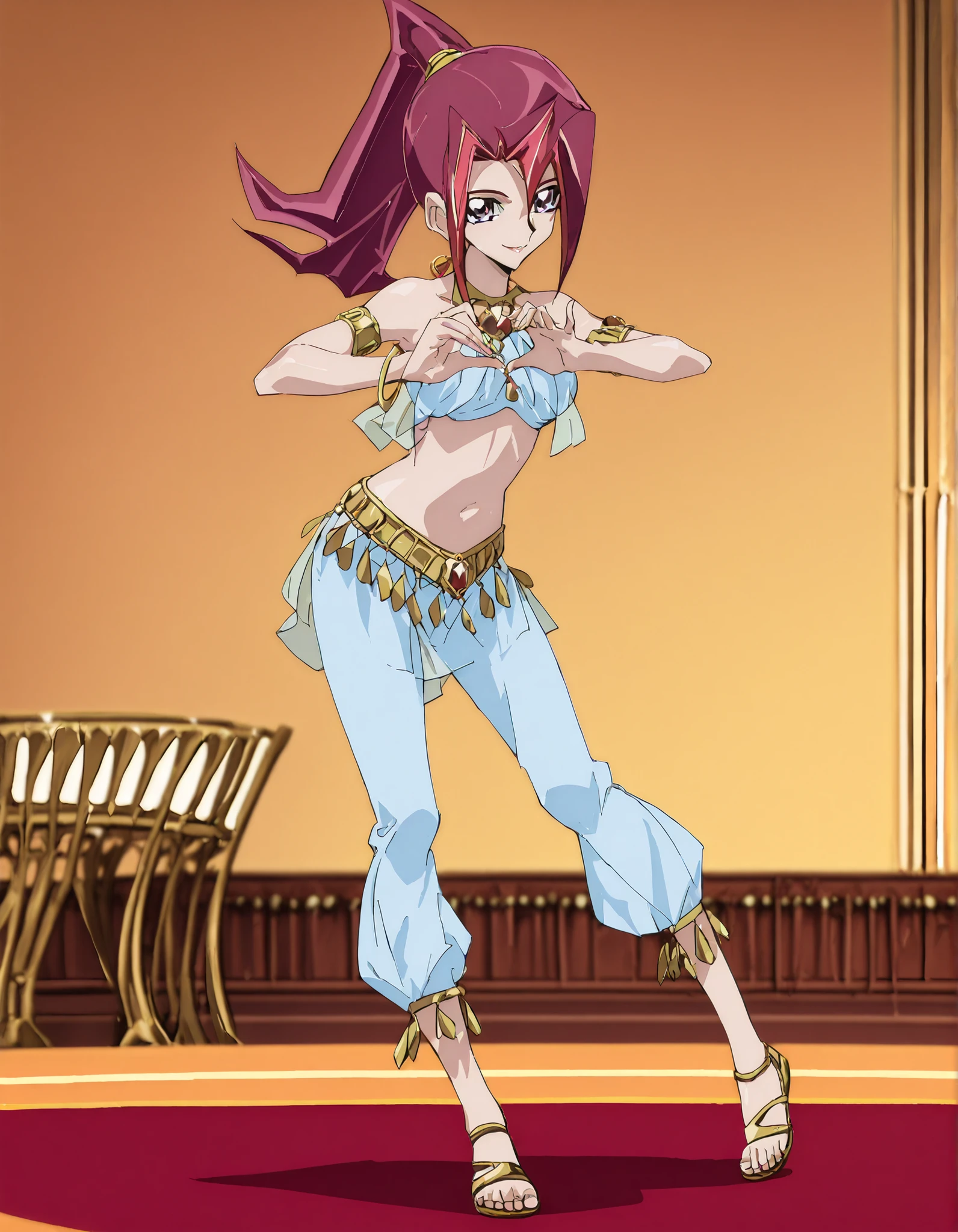 (1girl:1 . 5) , (Seul:1 . 5) , score_9 , score_8_haut , score_7_haut , source_anime , Official work , ultra-detailed , masterpiece , better quality , high resolution , beaux yeux , detailed eyes , Detailed face , beautiful detailed eyes, purple eyes, red hair, long hair, ponytail, multicolored hair,Yu-Gi-Oh Zexal,Akari Tsukumo,Arabian Clothes , Arabian Dancer ,belly dancer costume,belly dancer outfit ,full body,golden jewelery,armlet, belly dancing,arabian theater,seductive smile, dancing with veil, dynamic movement,dance posture, seductive pose