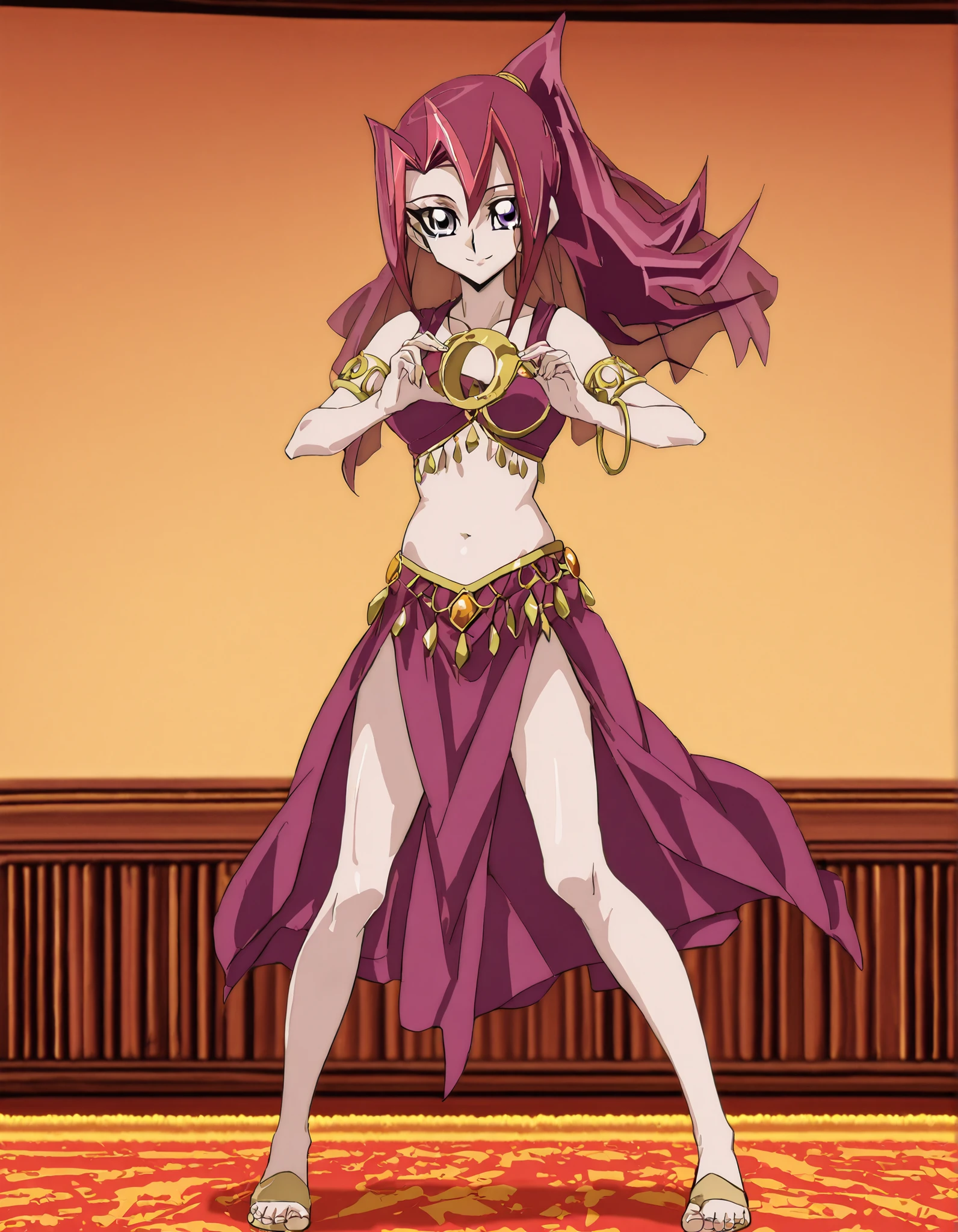 (1girl:1 . 5) , (Seul:1 . 5) , score_9 , score_8_haut , score_7_haut , source_anime , Official work , ultra-detailed , masterpiece , better quality , high resolution , beaux yeux , detailed eyes , Detailed face , beautiful detailed eyes, purple eyes, red hair, long hair, ponytail, multicolored hair,Yu-Gi-Oh Zexal,Akari Tsukumo,Arabian Clothes , Arabian Dancer ,belly dancer costume,belly dancer outfit ,full body,golden jewelery,armlet, belly dancing,arabian theater,seductive smile, dancing with veil, dynamic movement,dance posture, seductive pose