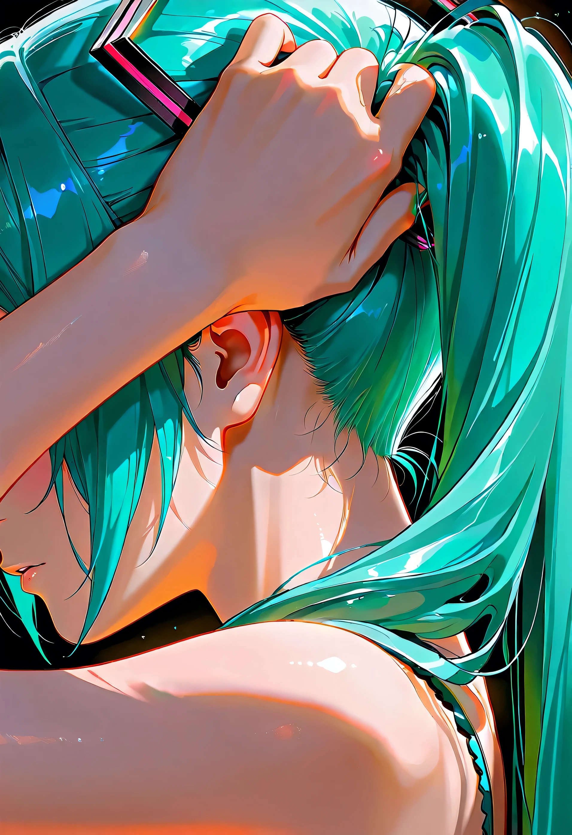 Hatsune Miku,(dark:2.0),masterpiece,Ultra-high resolution,Rich contrast,Very high quality,8k,Highly detailed CG unit wallpaper,Texture,So ridiculous,RAW Photos,Depth of written boundary 1.2,maorix,bunching hair,(close up),(from side:1.3)