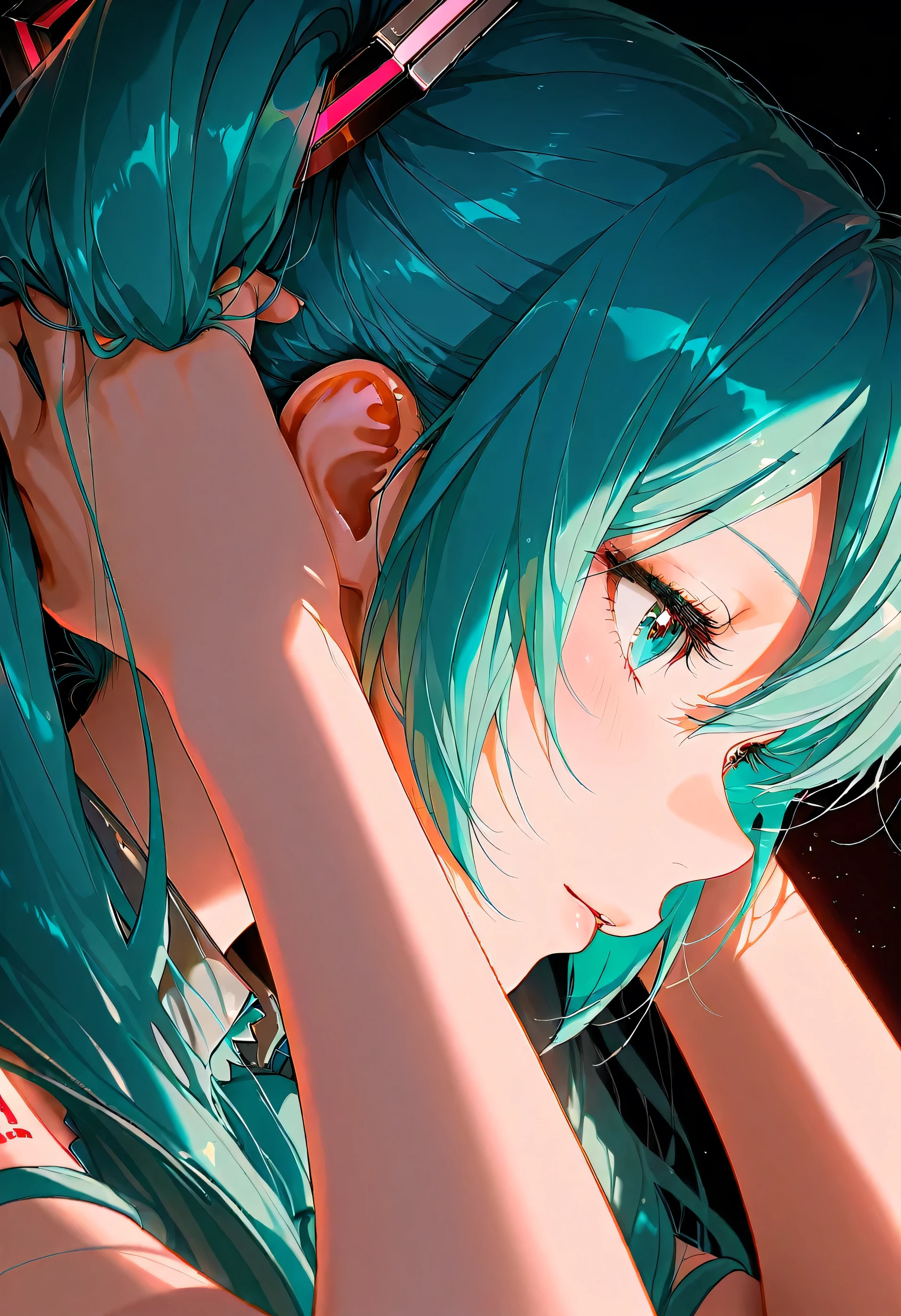 Hatsune Miku,(dark:2.0),masterpiece,Ultra-high resolution,Rich contrast,Very high quality,8k,Highly detailed CG unit wallpaper,Texture,So ridiculous,RAW Photos,Depth of written boundary 1.2,maorix,bunching hair,(close up),(from side:1.3)