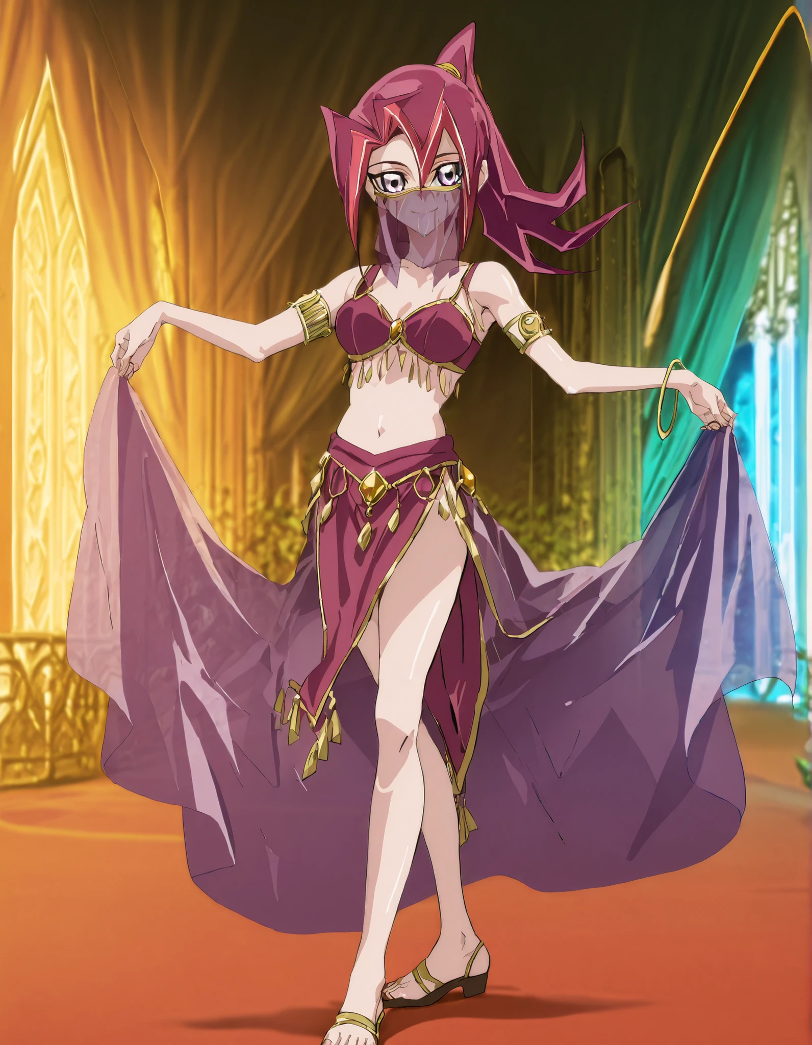 (1girl:1 . 5) , (Seul:1 . 5) , score_9 , score_8_haut , score_7_haut , source_anime , Official work , ultra-detailed , masterpiece , better quality , high resolution , beaux yeux , detailed eyes , Detailed face , beautiful detailed eyes, purple eyes, red hair, long hair, ponytail, multicolored hair,Yu-Gi-Oh Zexal,Akari Tsukumo,Arabian Clothes , Arabian Dancer ,belly dancer costume,belly dancer outfit ,full body,golden jewelery,mouth veil,armlet, belly dancing,night,arabian garden,seductive smile, dancing with veil, dynamic movement,dance posture, seductive pose