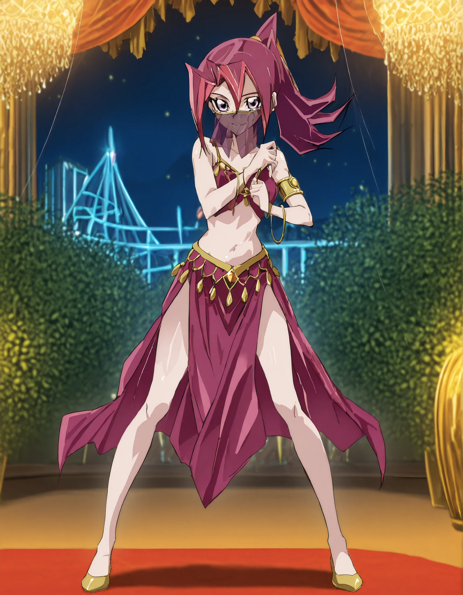 (1girl:1 . 5) , (Seul:1 . 5) , score_9 , score_8_haut , score_7_haut , source_anime , Official work , ultra-detailed , masterpiece , better quality , high resolution , beaux yeux , detailed eyes , Detailed face , beautiful detailed eyes, purple eyes, red hair, long hair, ponytail, multicolored hair,Yu-Gi-Oh Zexal,Akari Tsukumo,Arabian Clothes , Arabian Dancer ,belly dancer costume,belly dancer outfit ,full body,golden jewelery,mouth veil,armlet, belly dancing,night,arabian garden,seductive smile, dancing with veil, dynamic movement,dance posture, pose