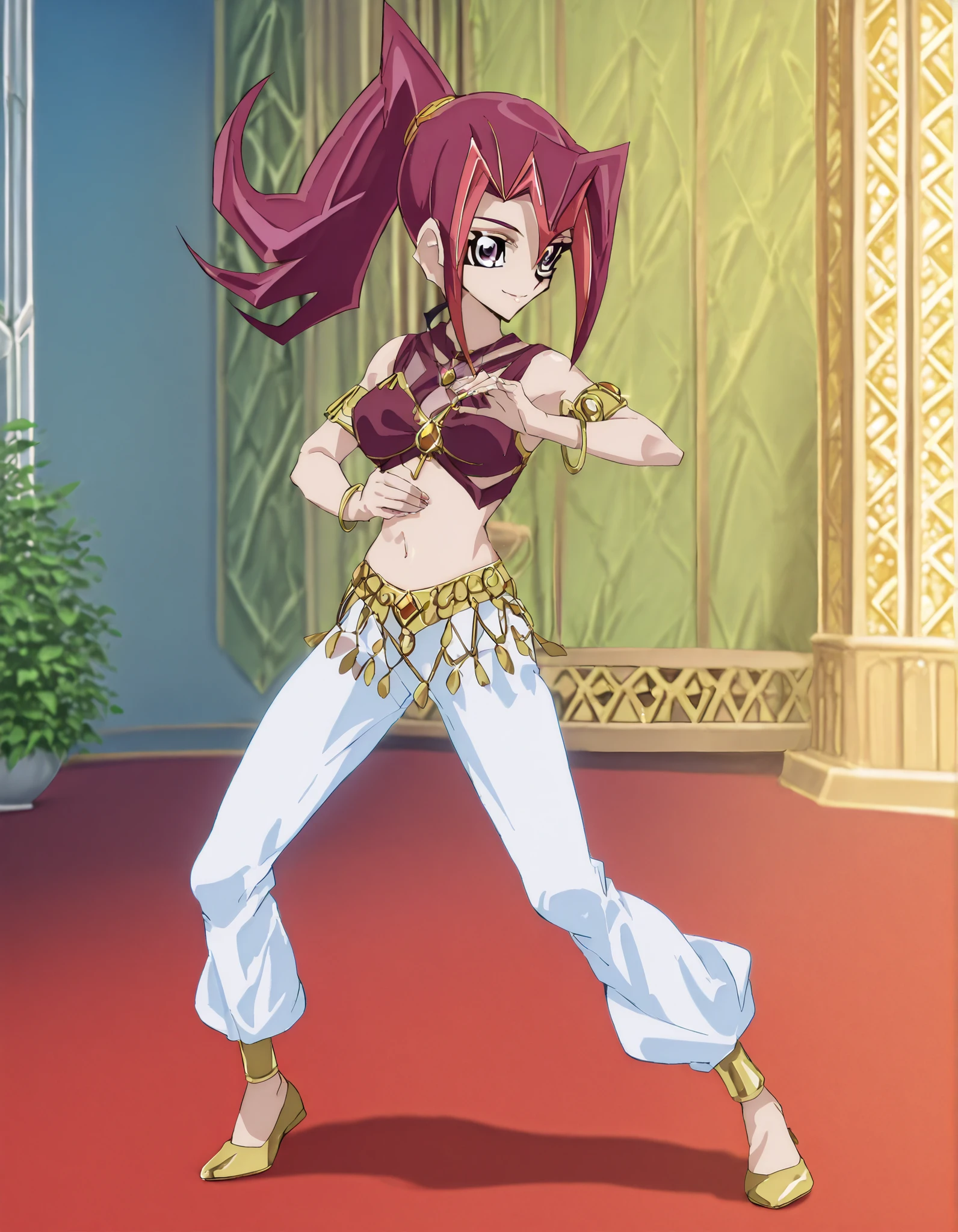 (1girl:1 . 5) , (Seul:1 . 5) , score_9 , score_8_haut , score_7_haut , source_anime , Official work , ultra-detailed , masterpiece , better quality , high resolution , beaux yeux , detailed eyes , Detailed face , beautiful detailed eyes, purple eyes, red hair, long hair, ponytail, multicolored hair,Yu-Gi-Oh Zexal,Akari Tsukumo,Arabian Clothes , Arabian Dancer ,belly dancer costume,belly dancer outfit ,full body,golden jewelery,armlet, belly dancing,arabian garden,seductive smile, dancing with veil, dynamic movement,dance posture, seductive pose