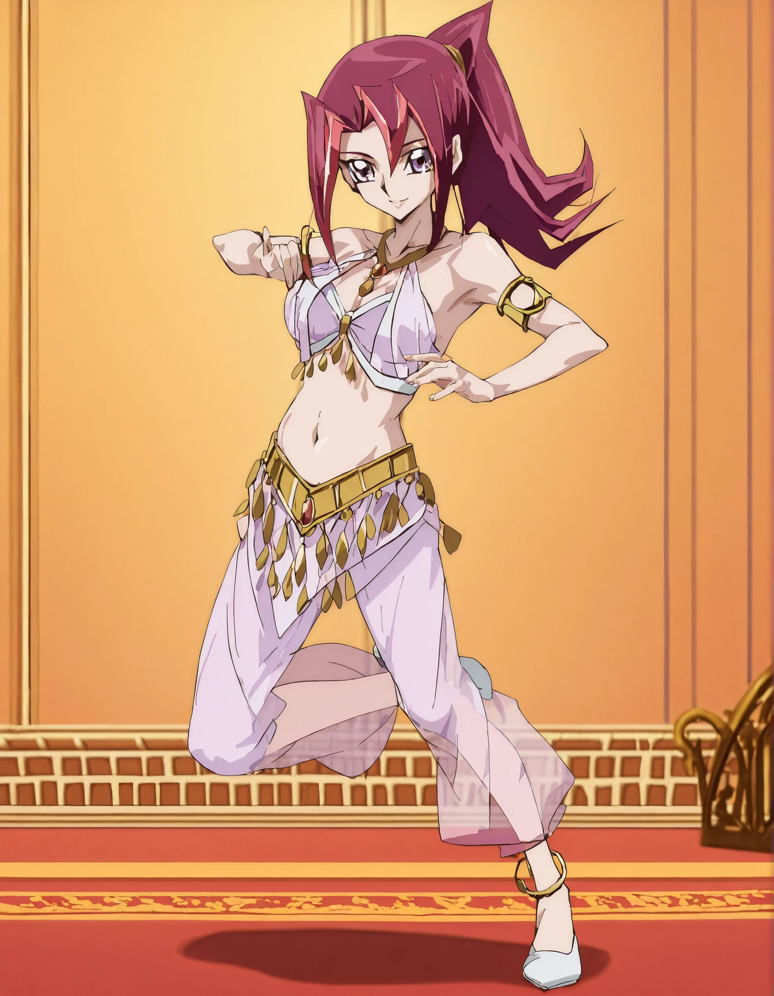 (1girl:1 . 5) , (Seul:1 . 5) , score_9 , score_8_haut , score_7_haut , source_anime , Official work , ultra-detailed , masterpiece , better quality , high resolution , beaux yeux , detailed eyes , Detailed face , beautiful detailed eyes, purple eyes, red hair, long hair, ponytail, multicolored hair,Yu-Gi-Oh Zexal,Akari Tsukumo,Arabian Clothes , Arabian Dancer ,belly dancer costume,belly dancer outfit ,full body,golden jewelery,armlet, belly dancing,arabian garden,seductive smile, dancing with veil, dynamic movement,dance posture, pose