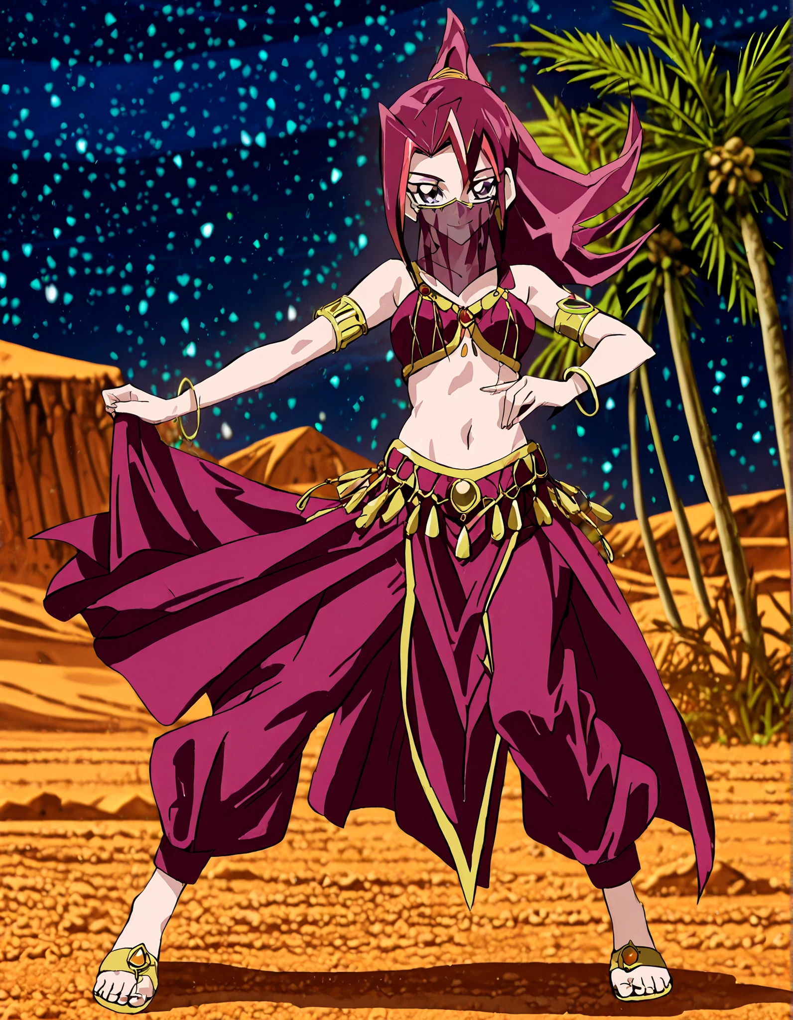 (1girl:1 . 5) , (Seul:1 . 5) , score_9 , score_8_haut , score_7_haut , source_anime , Official work , ultra-detailed , masterpiece , better quality , high resolution , beaux yeux , detailed eyes , Detailed face , beautiful detailed eyes, purple eyes, red hair, long hair, ponytail, multicolored hair,Yu-Gi-Oh Zexal,Akari Tsukumo,Arabian Clothes , Arabian Dancer ,belly dancer costume,belly dancer outfit ,full body,golden jewelery,mouth veil,armlet, belly dancing,night,desert lands,palm tree,seductive smile, dancing with veil, dynamic movement,dance posture, pose