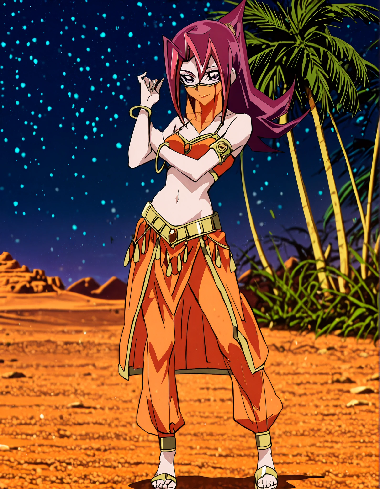(1girl:1 . 5) , (Seul:1 . 5) , score_9 , score_8_haut , score_7_haut , source_anime , Official work , ultra-detailed , masterpiece , better quality , high resolution , beaux yeux , detailed eyes , Detailed face , beautiful detailed eyes, purple eyes, red hair, long hair, ponytail, multicolored hair,Yu-Gi-Oh Zexal,Akari Tsukumo,Arabian Clothes , Arabian Dancer ,belly dancer costume,belly dancer outfit ,full body,golden jewelery,mouth veil,armlet, belly dancing,night,desert lands,palm tree,seductive smile, dancing with veil, dynamic movement,dance posture, seductive pose